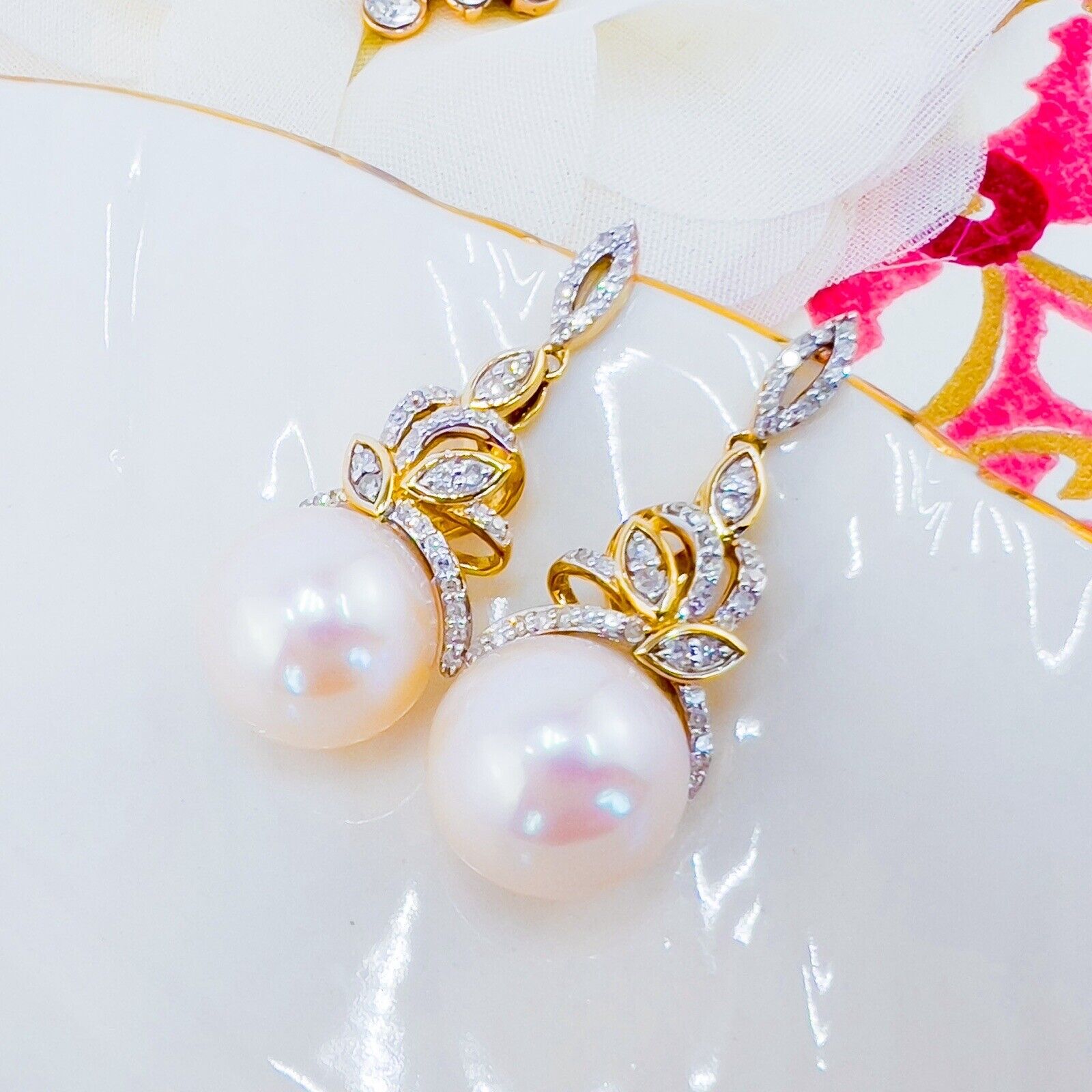 Genuine White Pearl (11.25mm) & Diamond 14k Yellow Gold Dangle Earrings, New