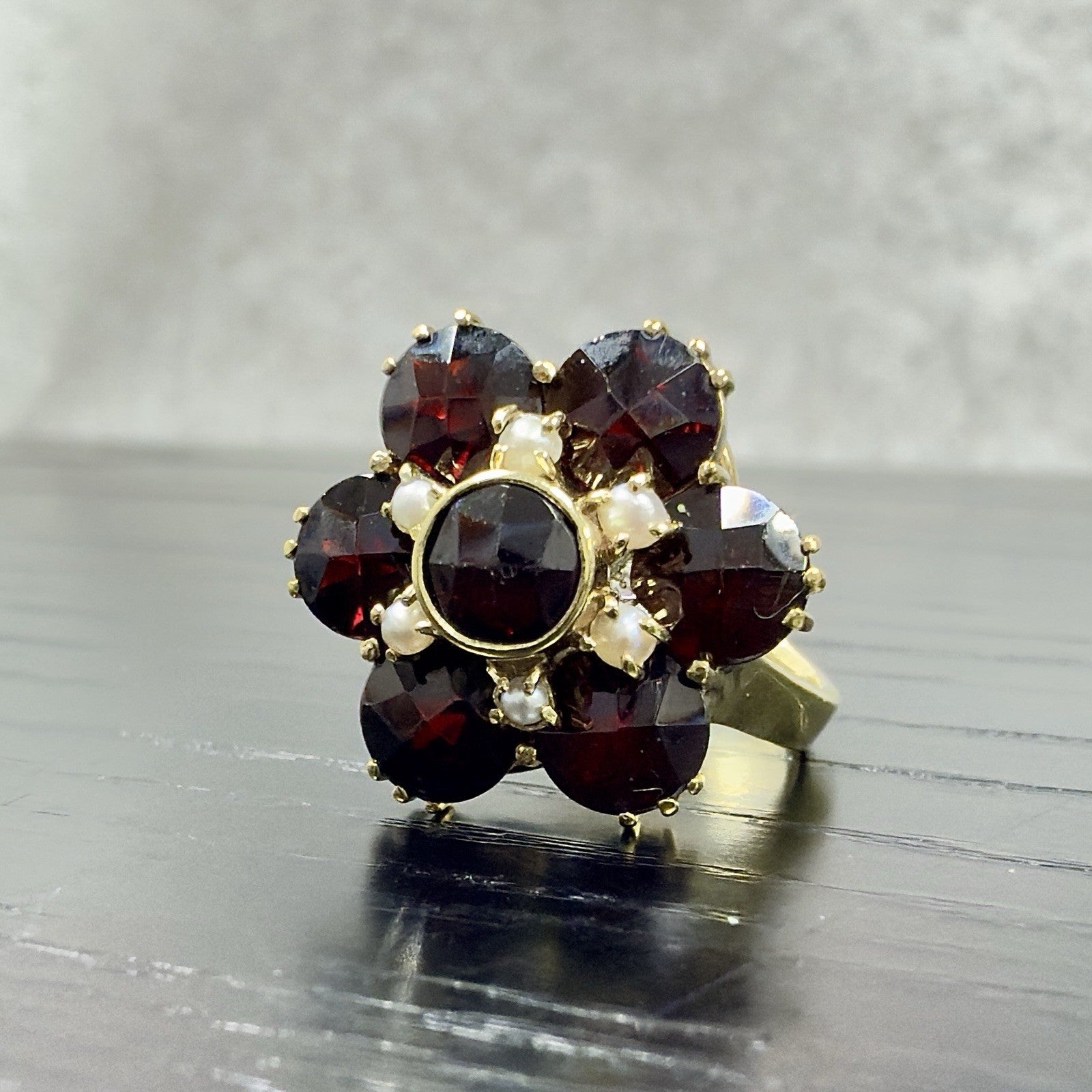 Vintage 10k Yellow Gold Genuine Garnet & Pearl Ring, Size 4