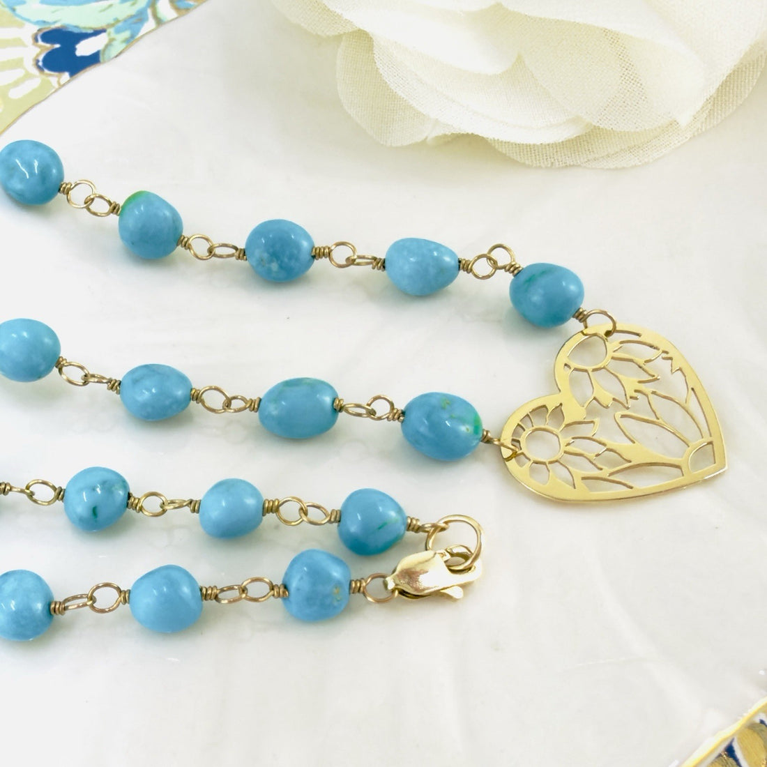 14k Sleeping Beauty Turquoise with Pierce-Work Heart Pendant Necklace, 18.25"