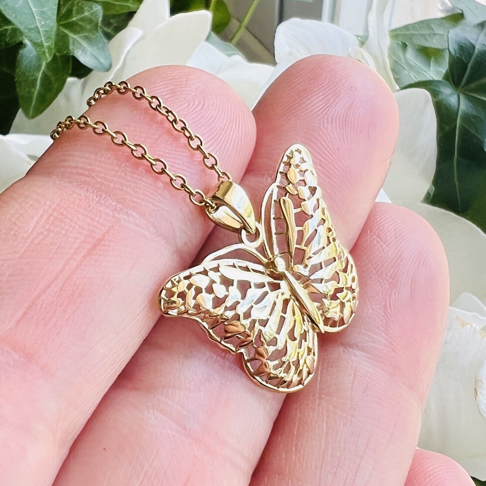 Solid 14k Yellow Gold Filigree Butterfly Pendant/Charm, New, 0.94"