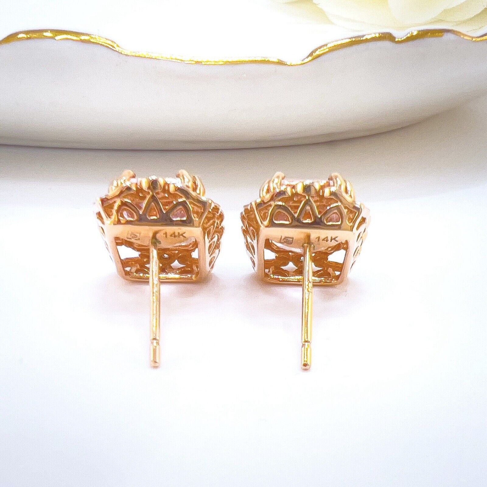 Vintage Style 14k Rose Gold Genuine Morganite & Diamond Stud Earrings, New