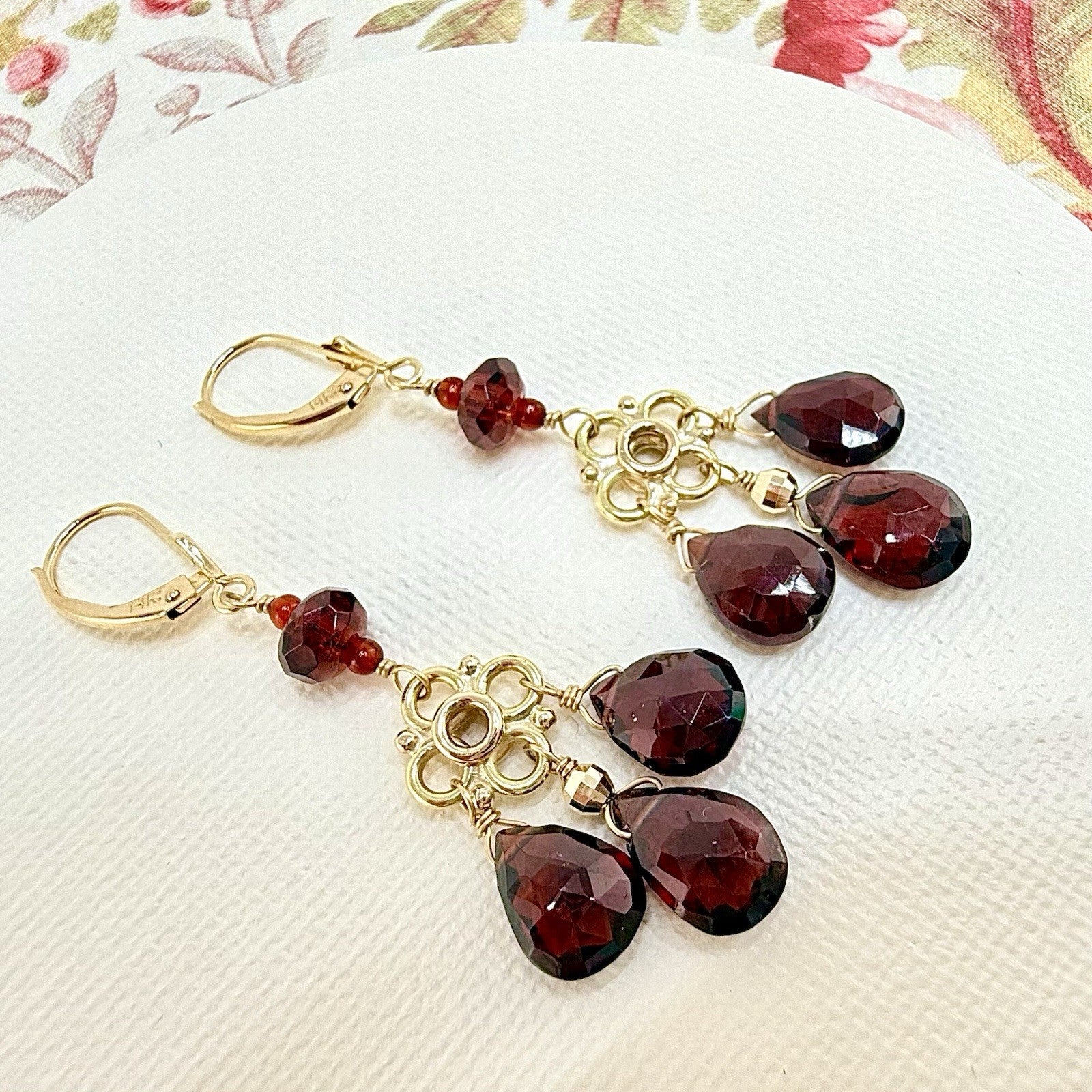 14k Yellow Gold Genuine Garnet Chandelier Dangle/Drop Earrings, New, 2.10" Long