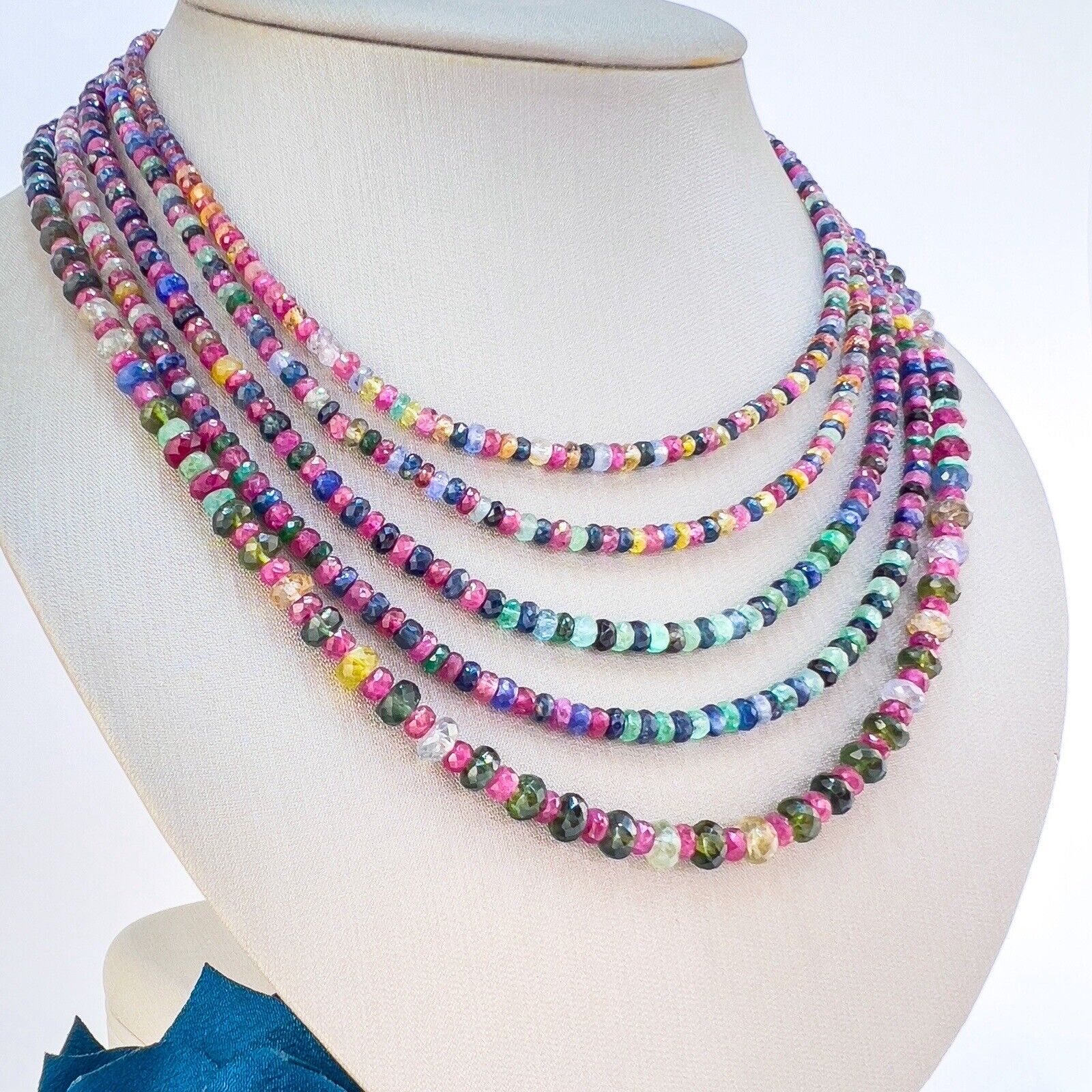 Genuine Multicolor Sapphire, Ruby & Emerald 14K Yellow Gold Necklace, New 82"