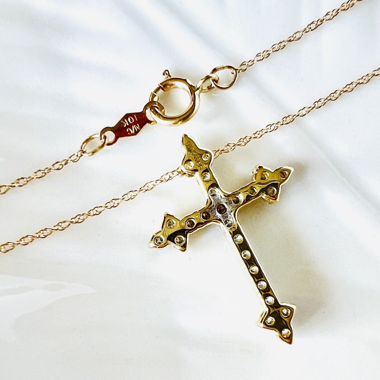 Solid 10k Yellow Gold Genuine Diamond Cross Pendant Necklace 18", New