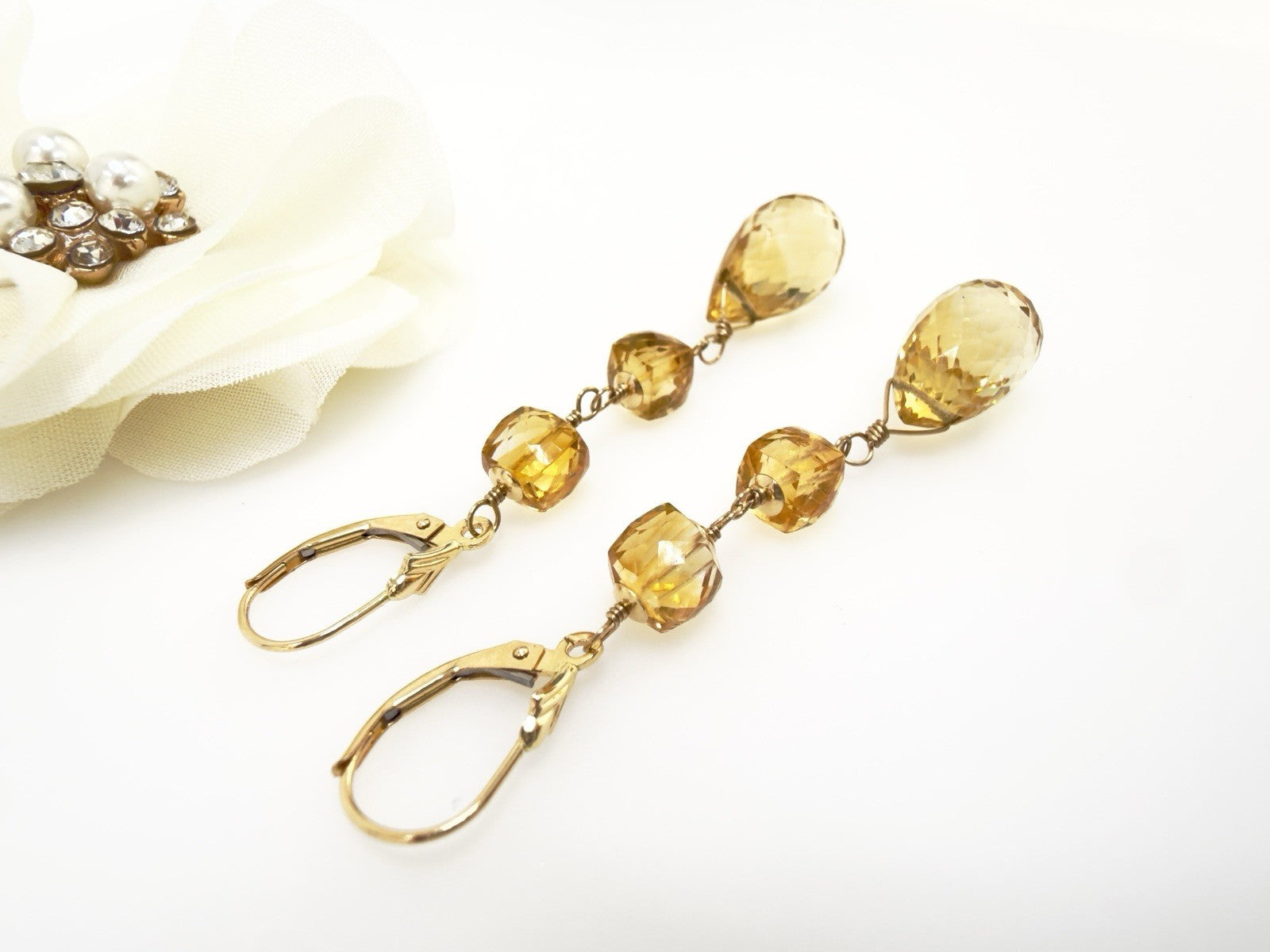 14k Yellow Gold Genuine Citrine Dangle/Drop Lever-back Earrings, 2.5"