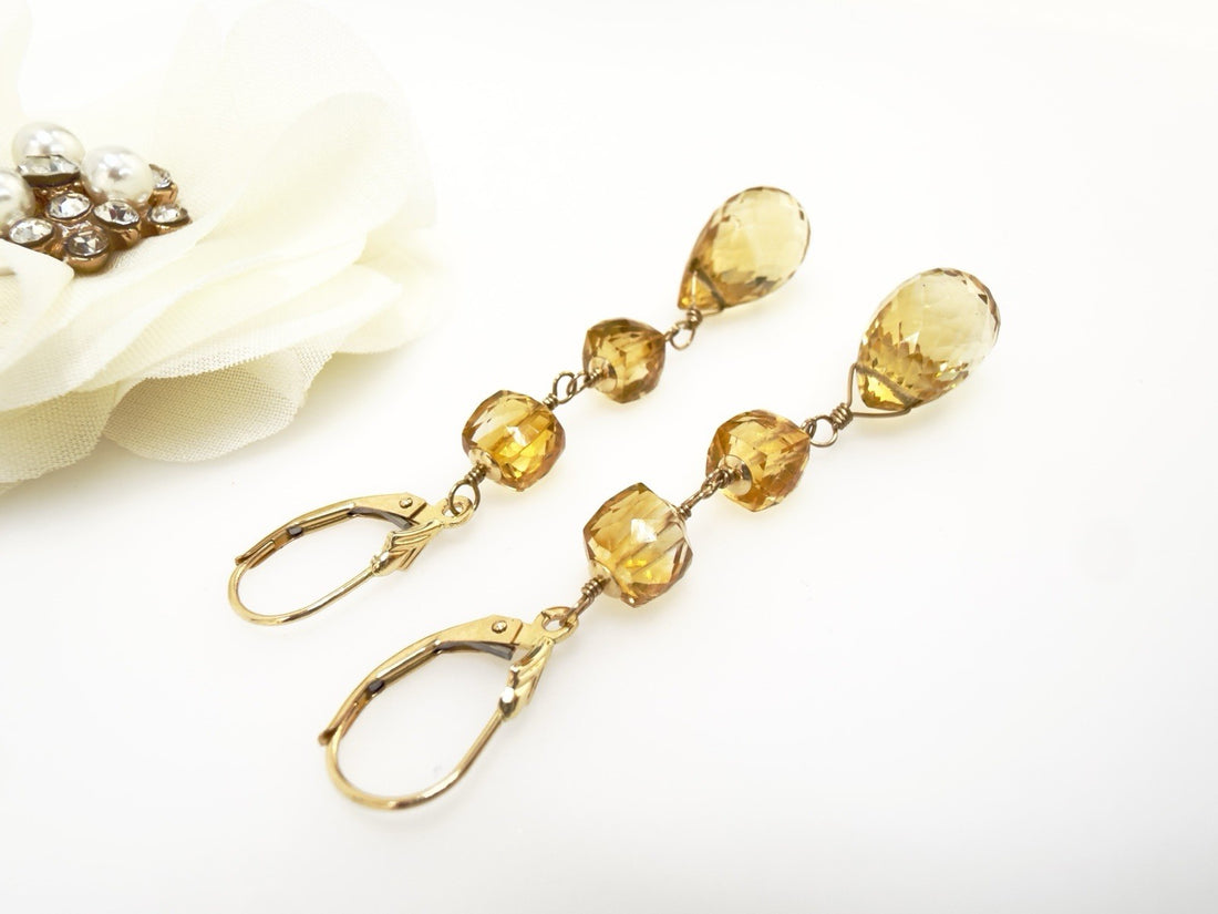 14k Yellow Gold Genuine Citrine Dangle/Drop Lever-back Earrings, 2.5"