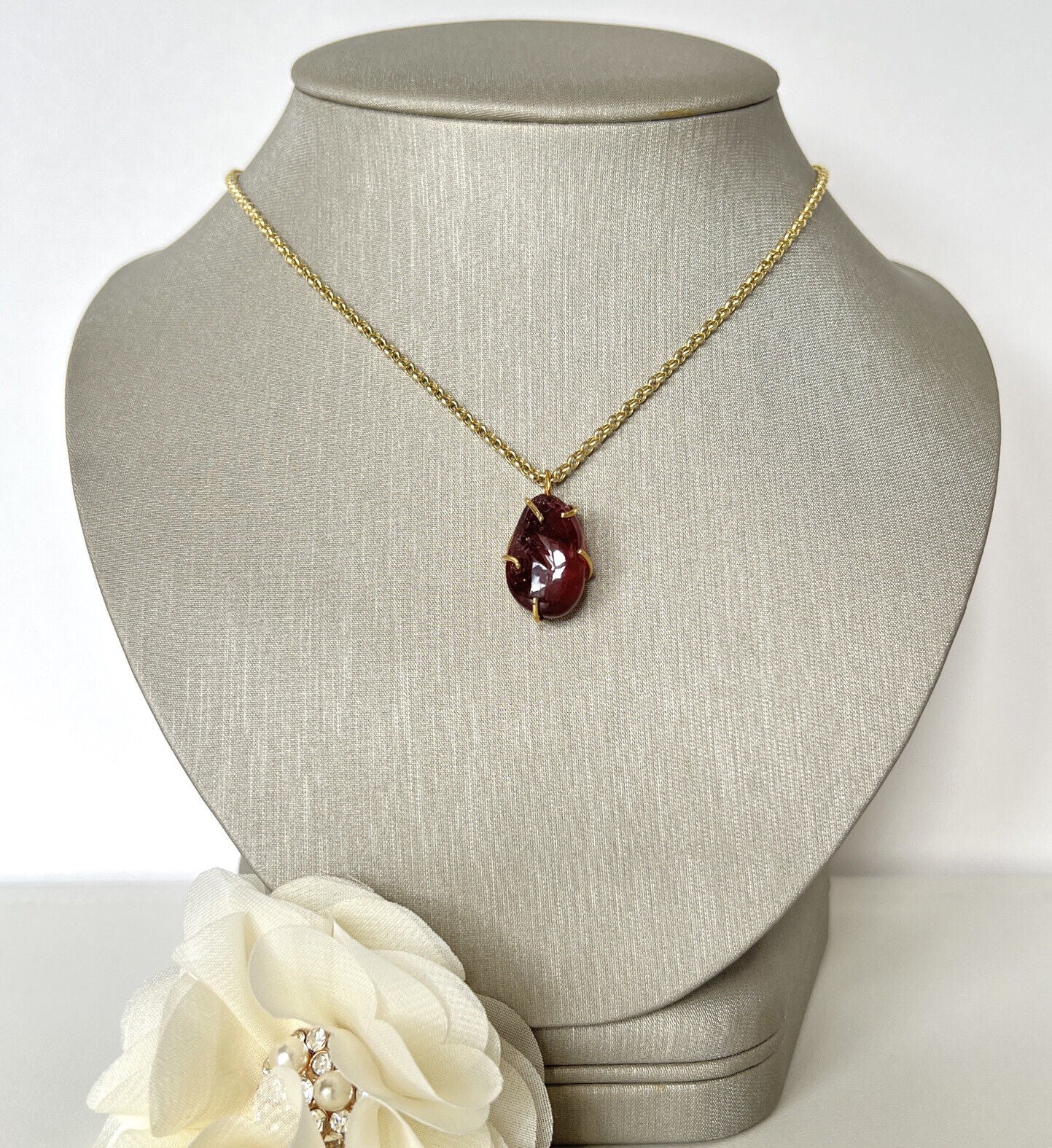 Solid 14k Yellow Gold Natural Smooth Red Tourmaline (16ct) Nugget Pendant, New