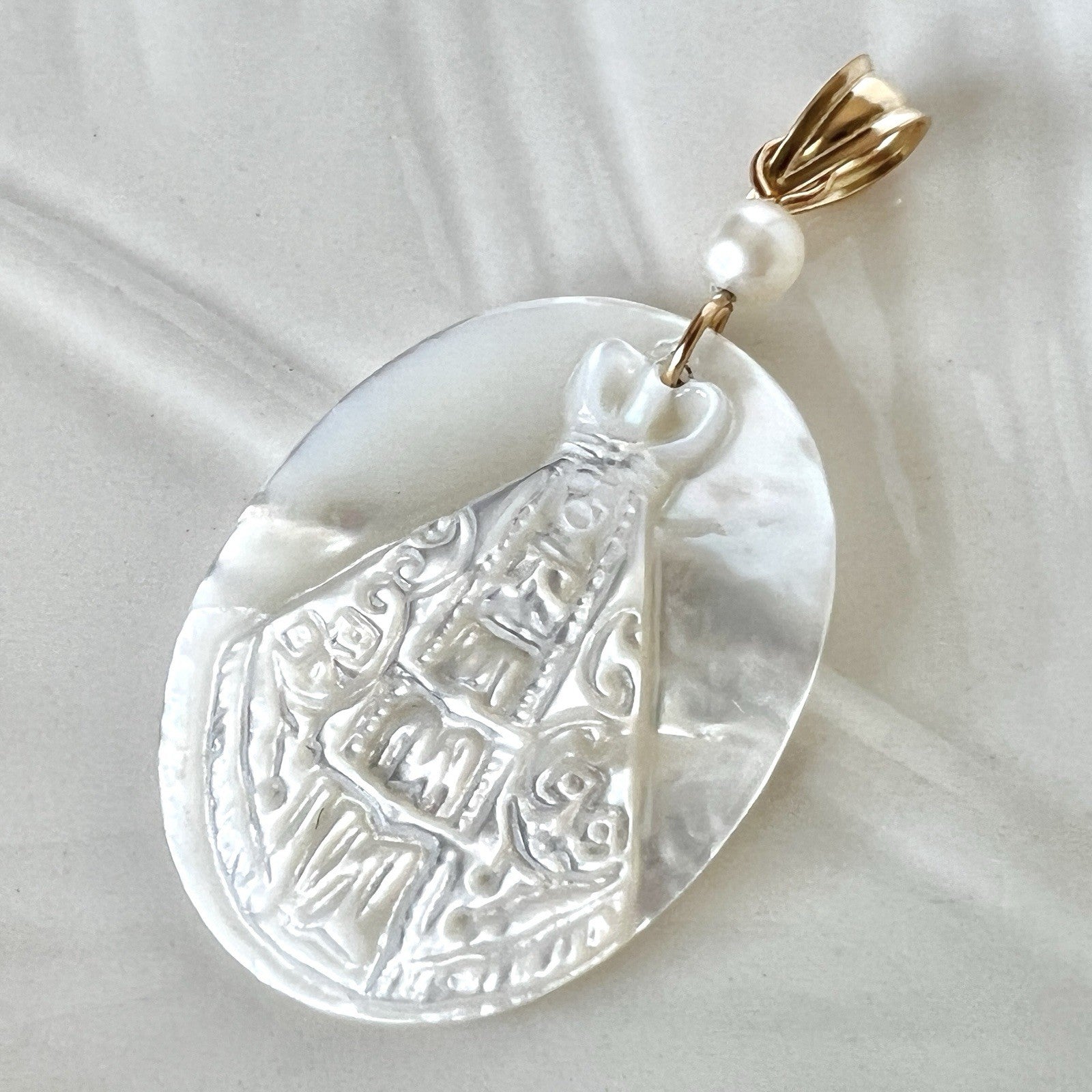 14k Yellow Gold Mother of Pearl Virgen de la Caridad del Cobre Pendant, New