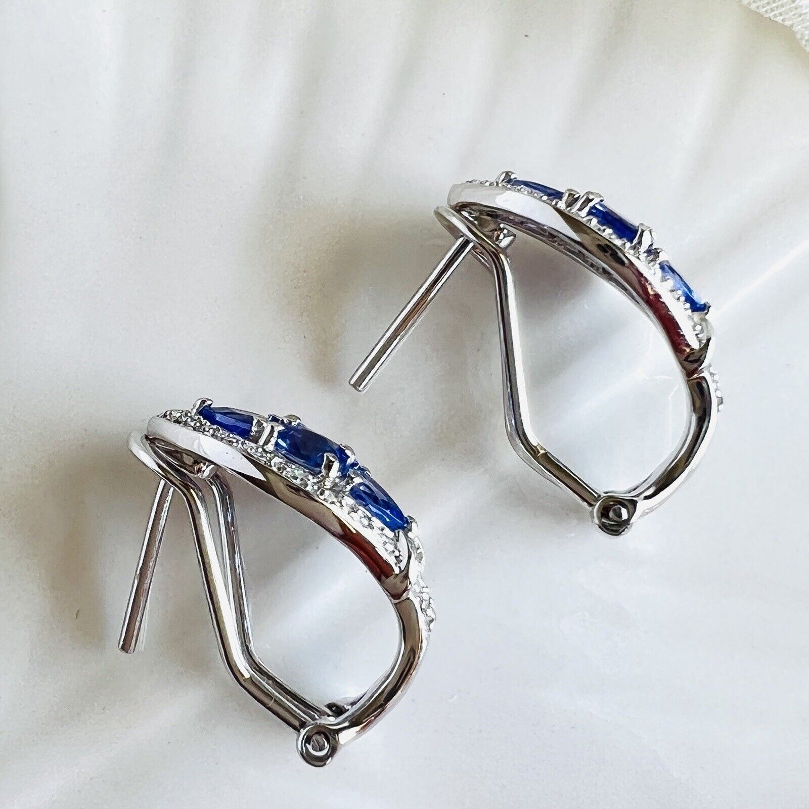Solid 14k White Gold Genuine Tanzanite & Diamond Post/Omega Clip Earrings, New