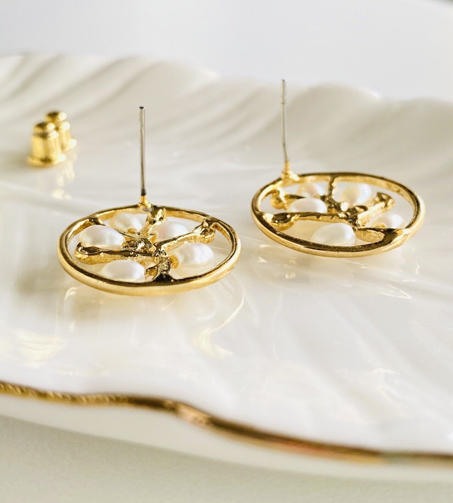 Heavy Gold Plated & Genuine Pearl Stud Earrings, New Vintage Stock