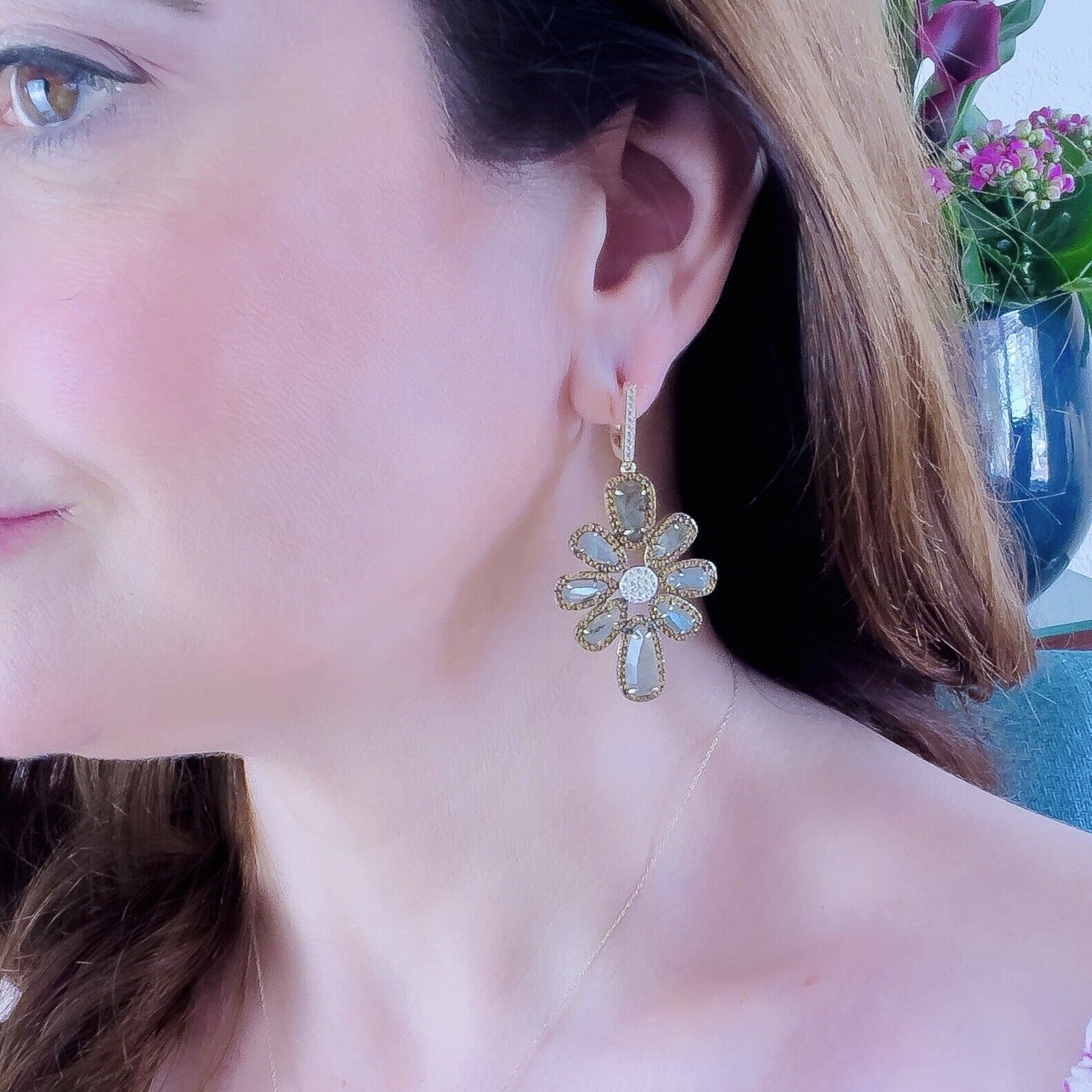 Genuine Labradorite Citrine & Cz Sterling Silver Vermeil Statement Earrings, New