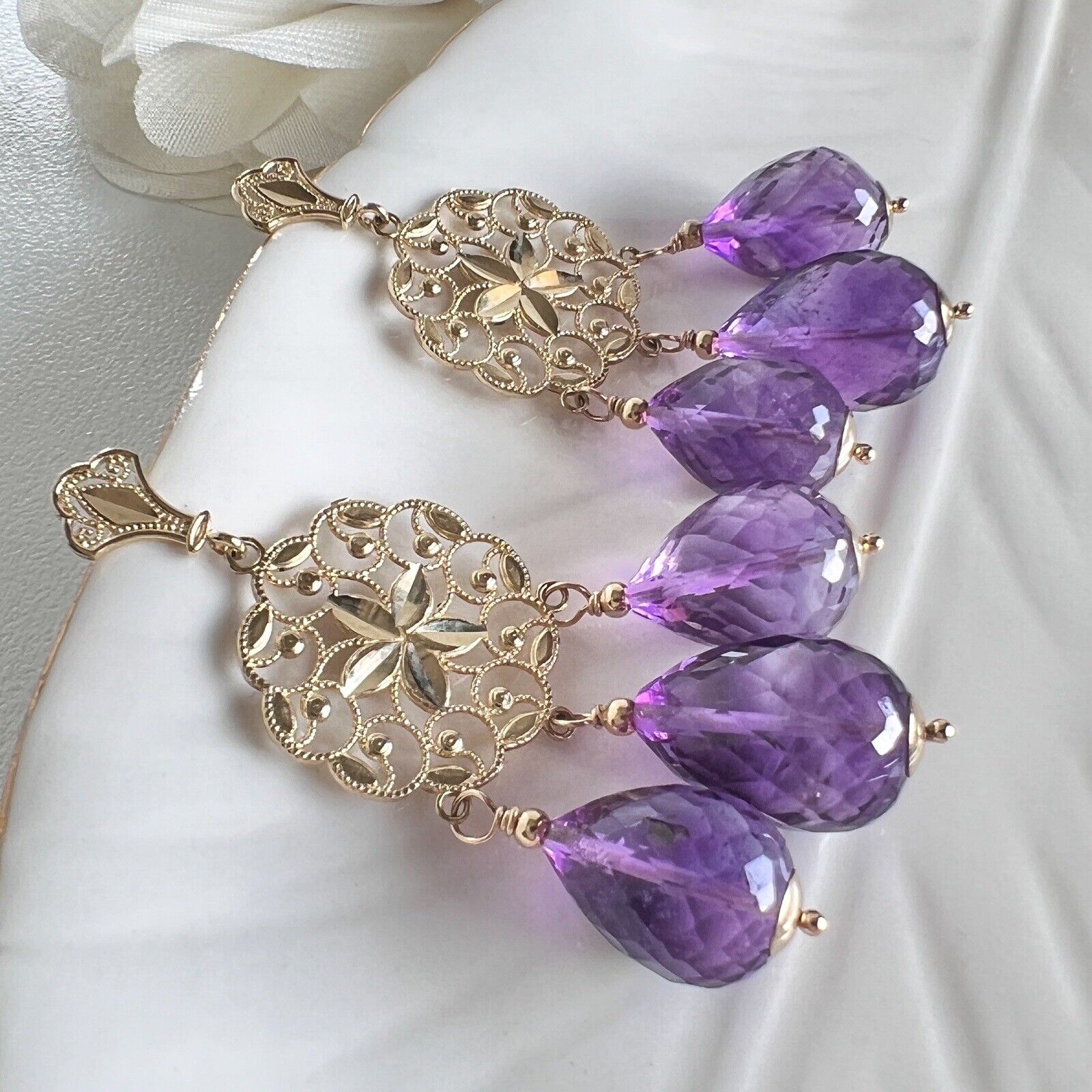 Solid 14k Yellow Gold Genuine Amethyst Briolette Chandelier Earrings, New