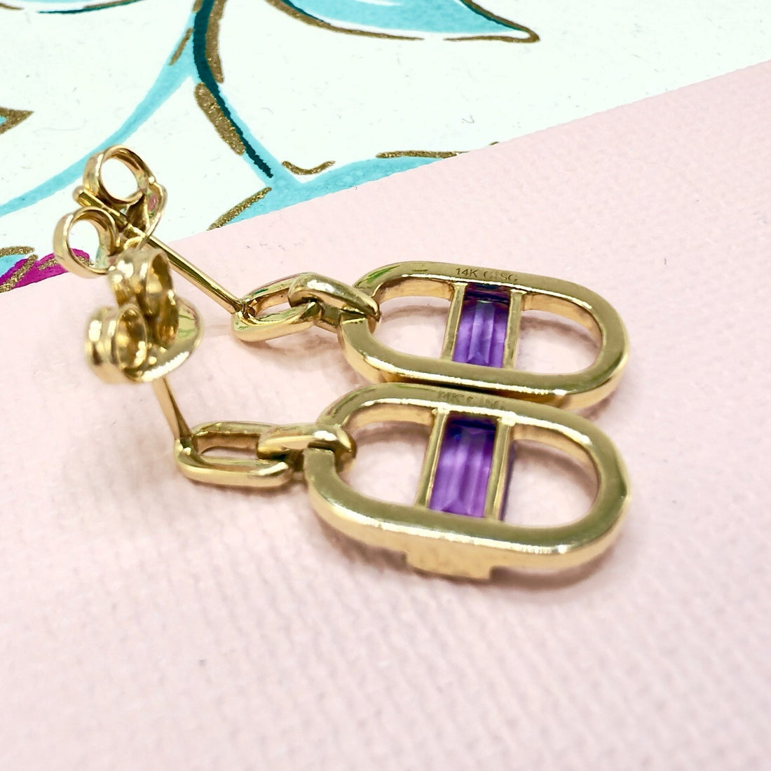 14k Yelow Gold Genuine Amethyst & Diamond Monernist Dangle Earrings, New