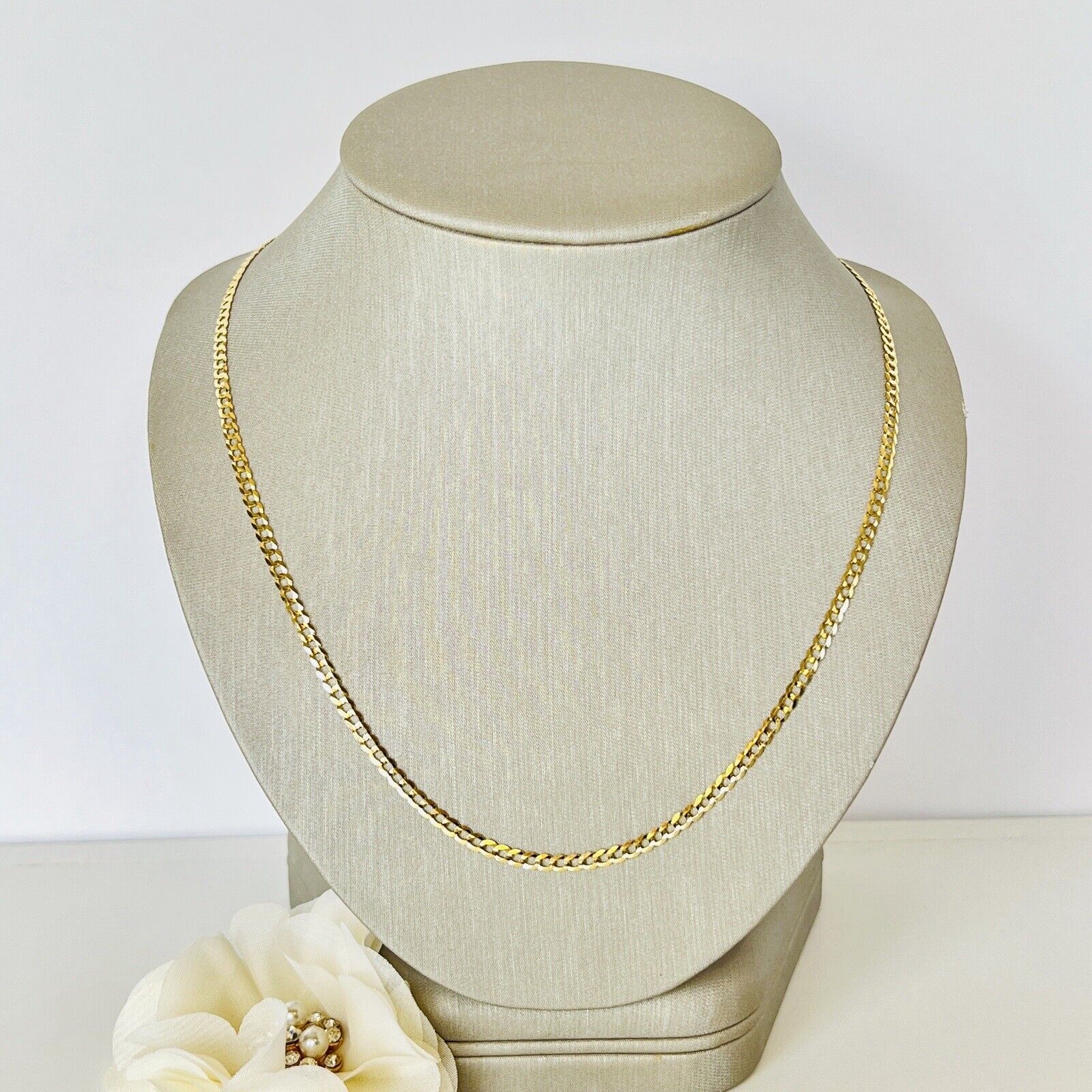 Solid 14k Yellow Gold Curb Link Flat Diamond-Cut Chain, 18", New