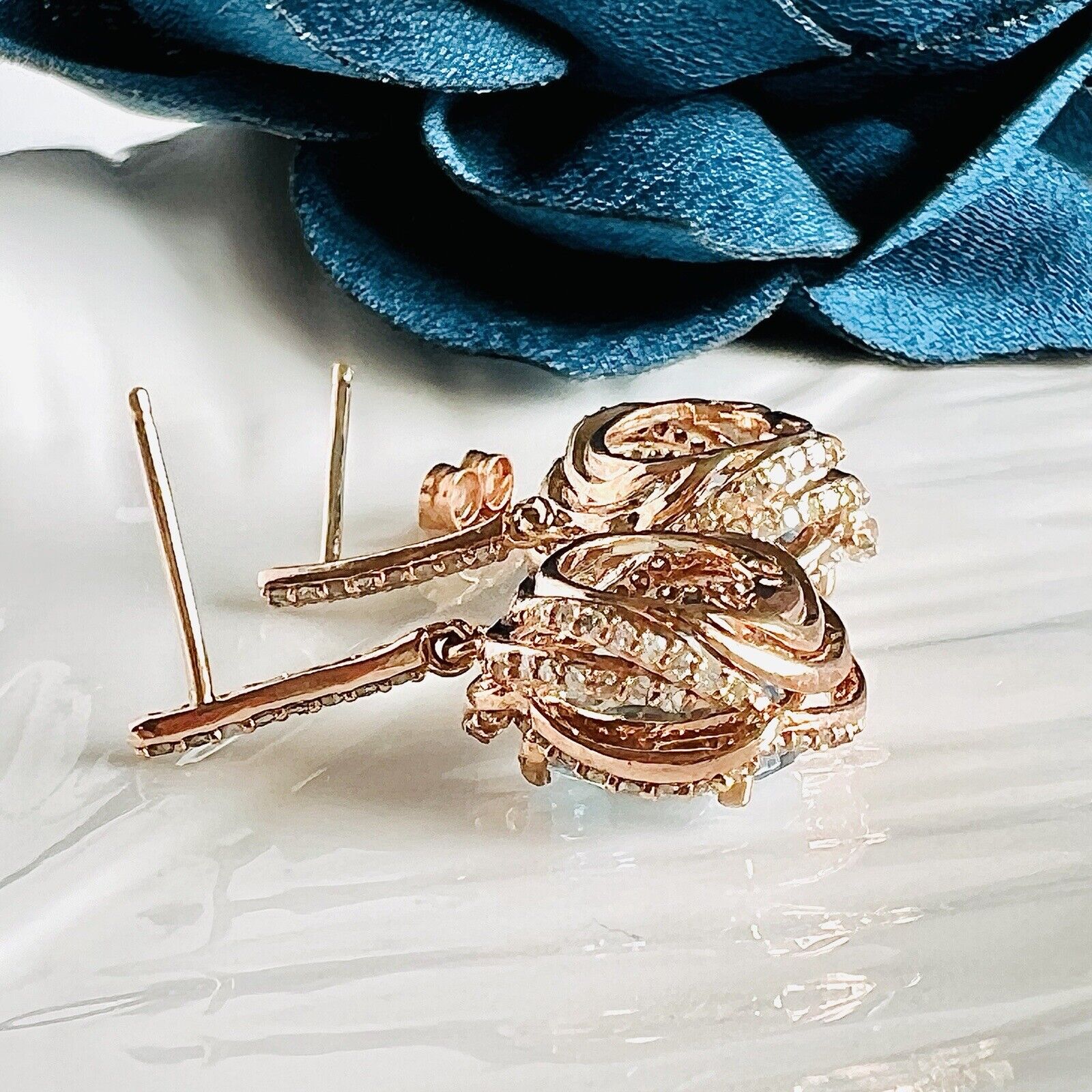 Solid 10k Rose Gold Genuine Blue Topaz (4.40ct) Diamond Dangle/Drop Earrings/New