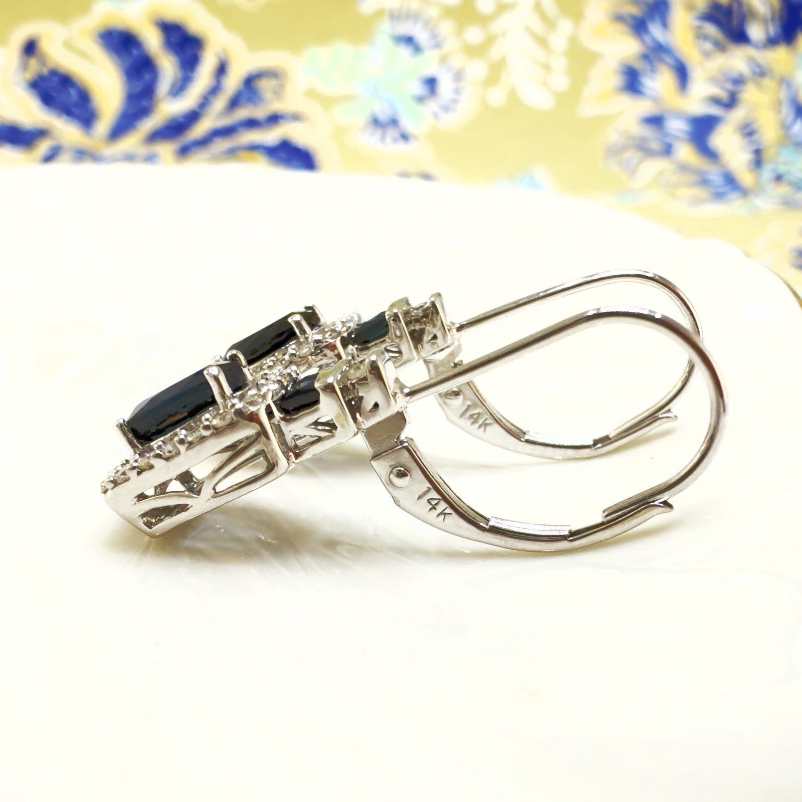 14k White Gold Genuine Sapphire & Diamond Leverback Dangle/Drop Earrings, New 1"