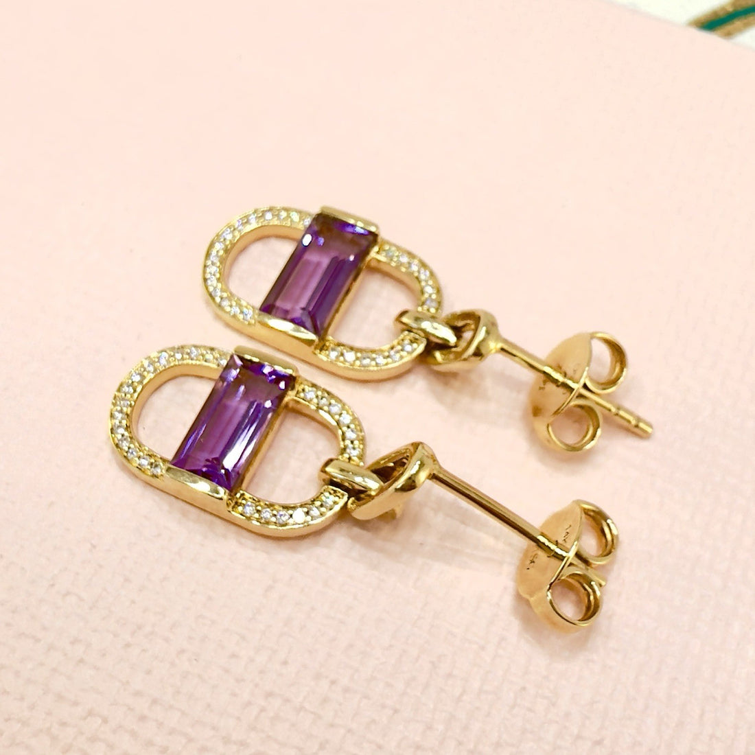 14k Yelow Gold Genuine Amethyst & Diamond Monernist Dangle Earrings, New