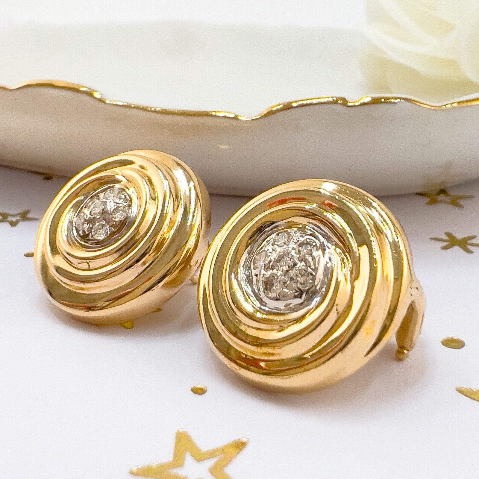 14k Yellow Gold Diamond Swirl "Button" Post & Omega Clip Earrings