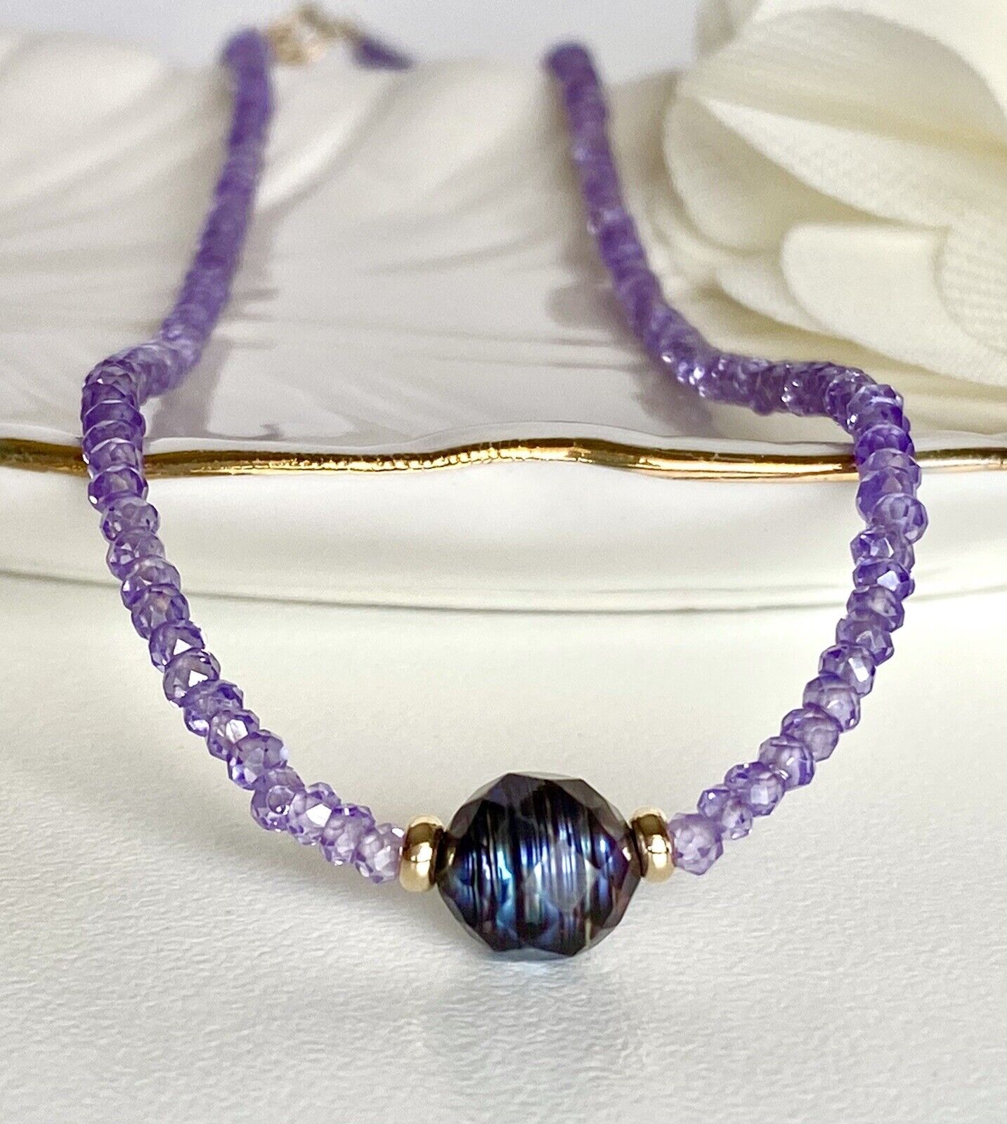 Amethyst Cubic Zirconia & Faceted Black Pearl 14k Yellow Gold Necklace New 15.5"