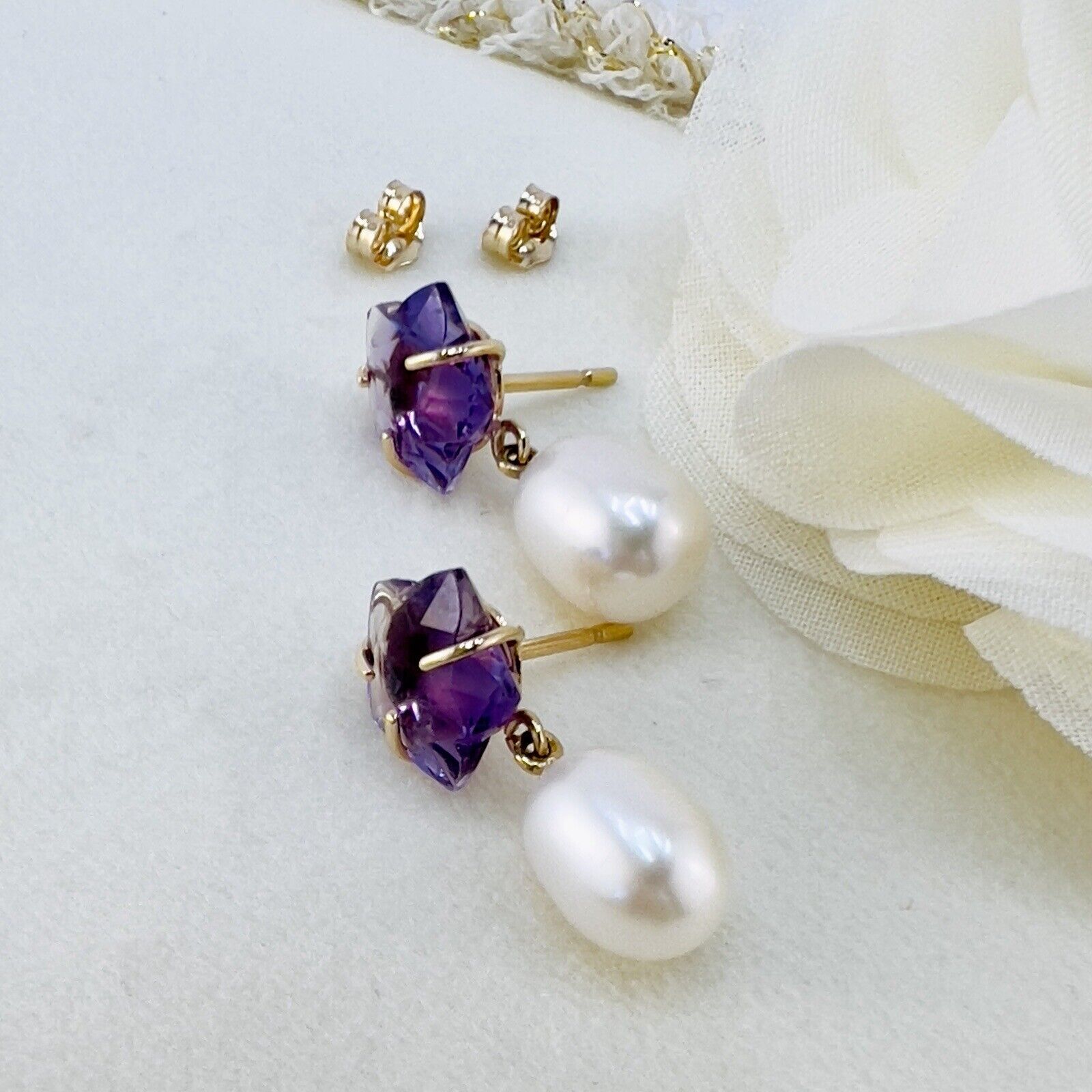 Solid 14k Yellow Gold Genuine Amethyst Star & Pearl Dangle/Drop Earrings, New