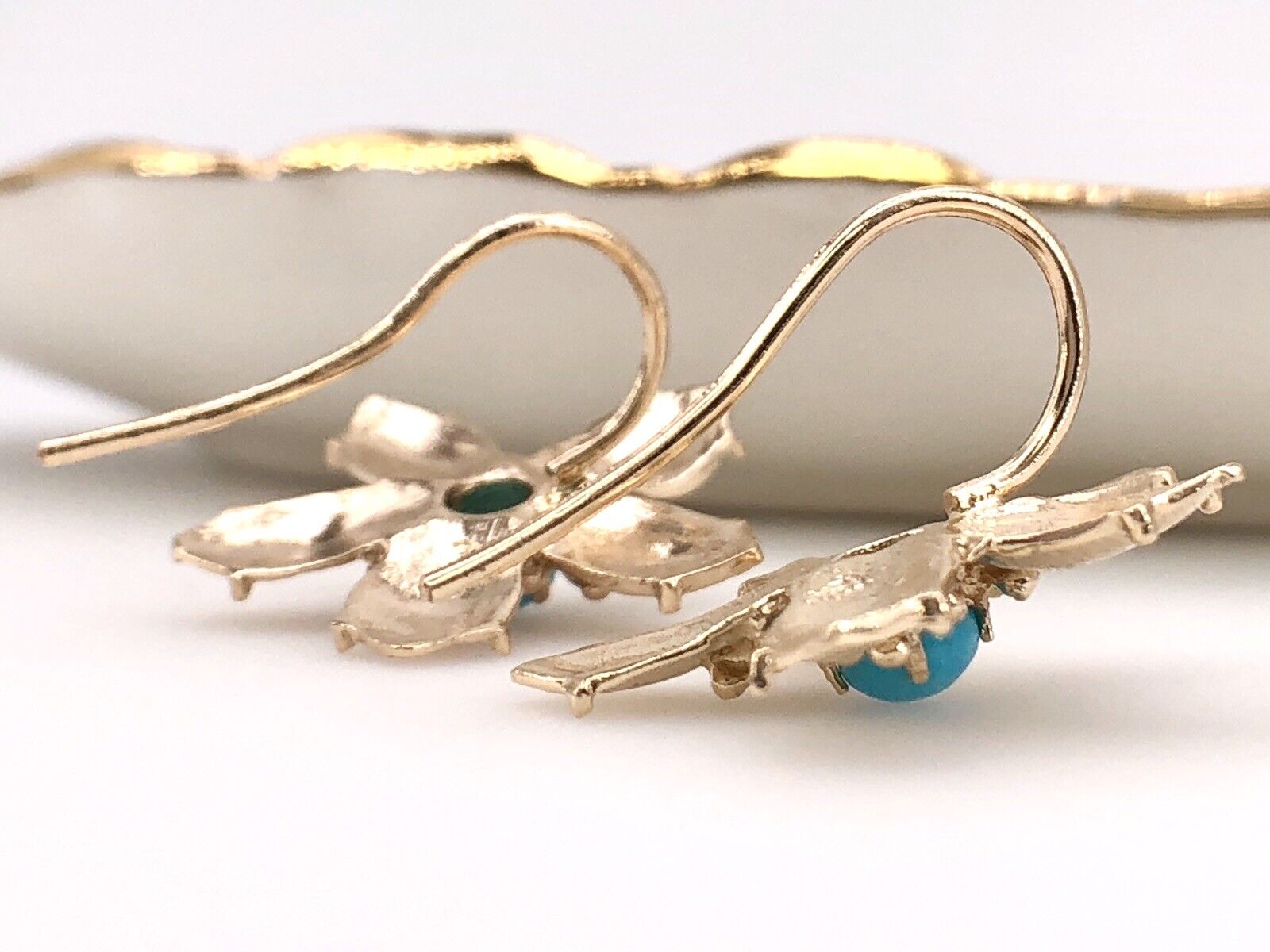 14K Yellow Gold & Sleeping Beauty Turquoise 5 Petal Flower Hook Earrings, New
