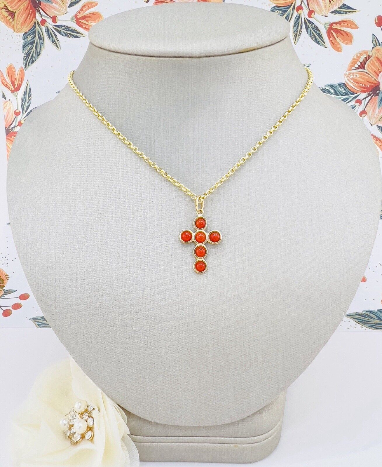 14k Yellow Gold Natural Red Coral Cross Pendant, New 1.18"