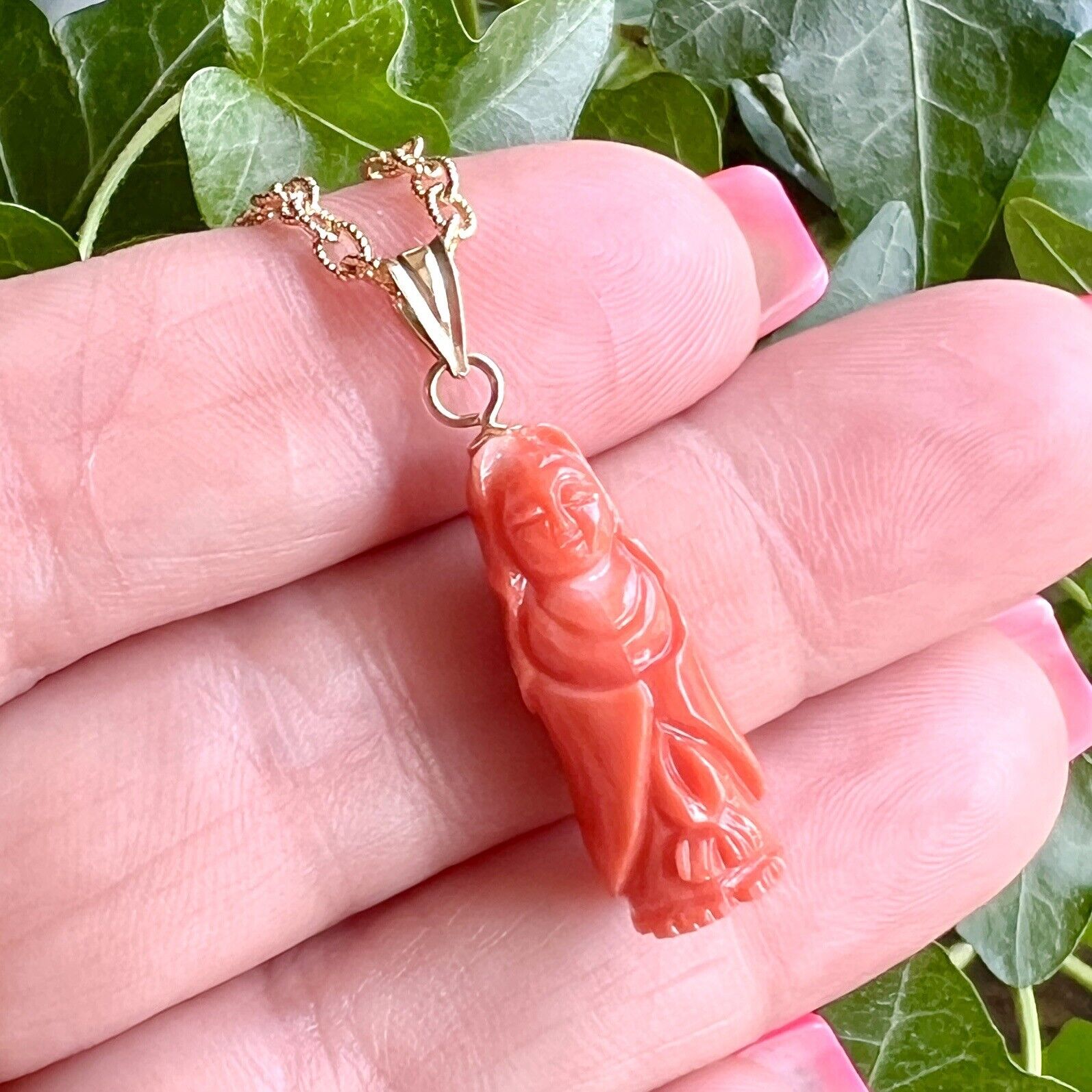 Natural Dark Salmon Guanyin (13.6ct) Solid 14k Yellow Gold Pedant, New