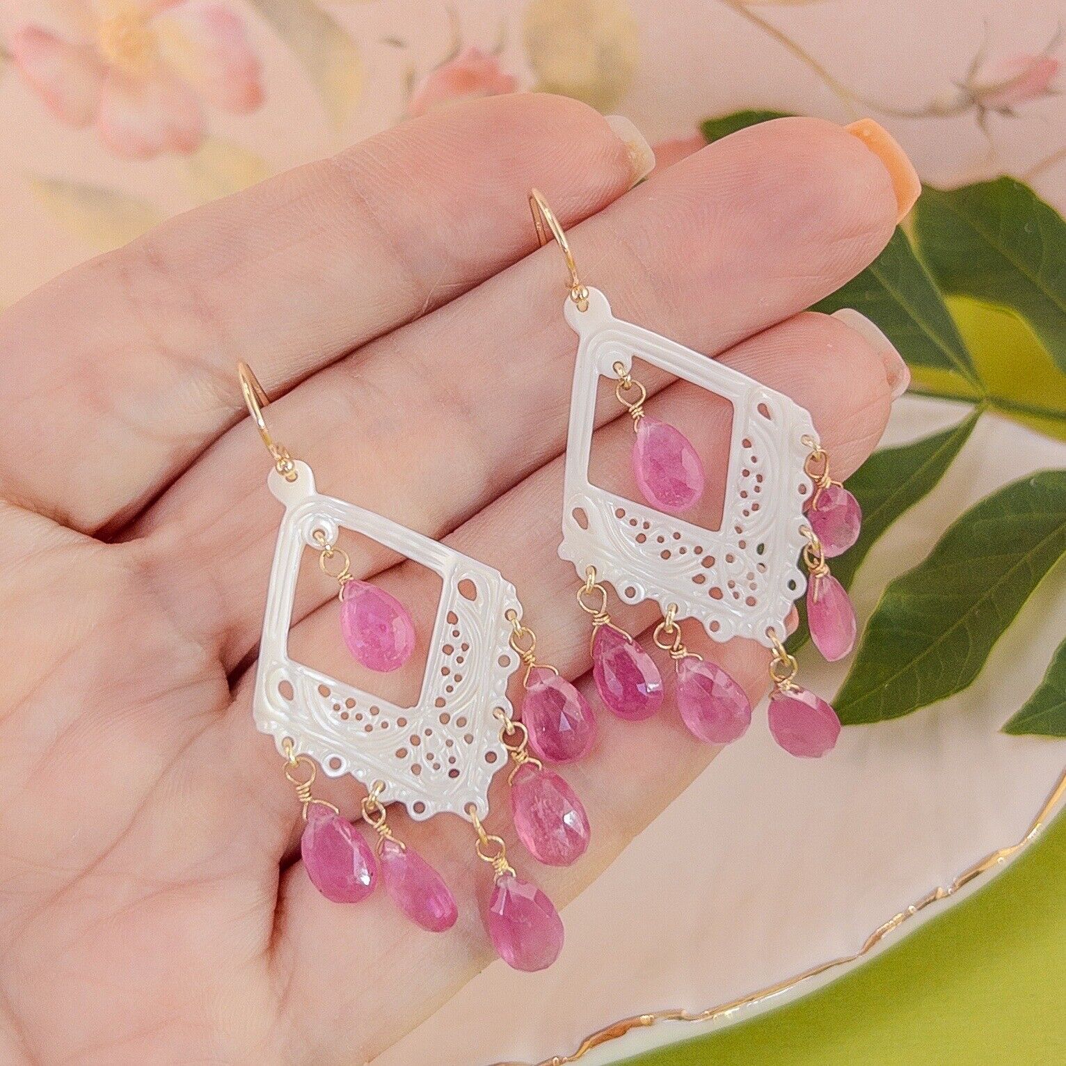 Solid 14k Yellow Gold Pink Sapphire & Mother of Pearl Chandelier Dangle Earrings