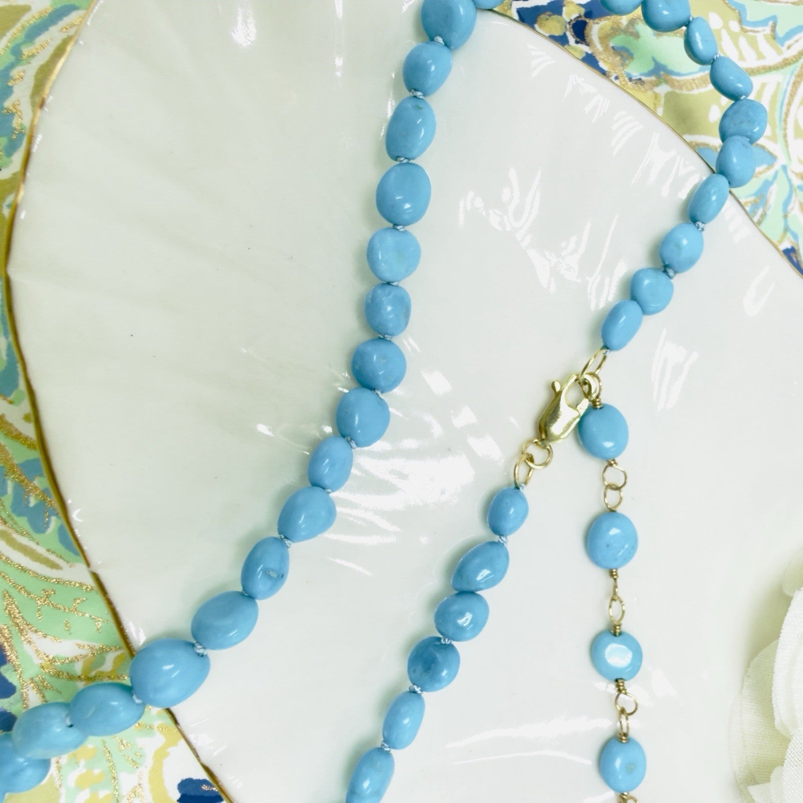 14k Yellow Gold Sleeping Beauty Turquoise Necklace, New, Adjustable 17.5-19.5"
