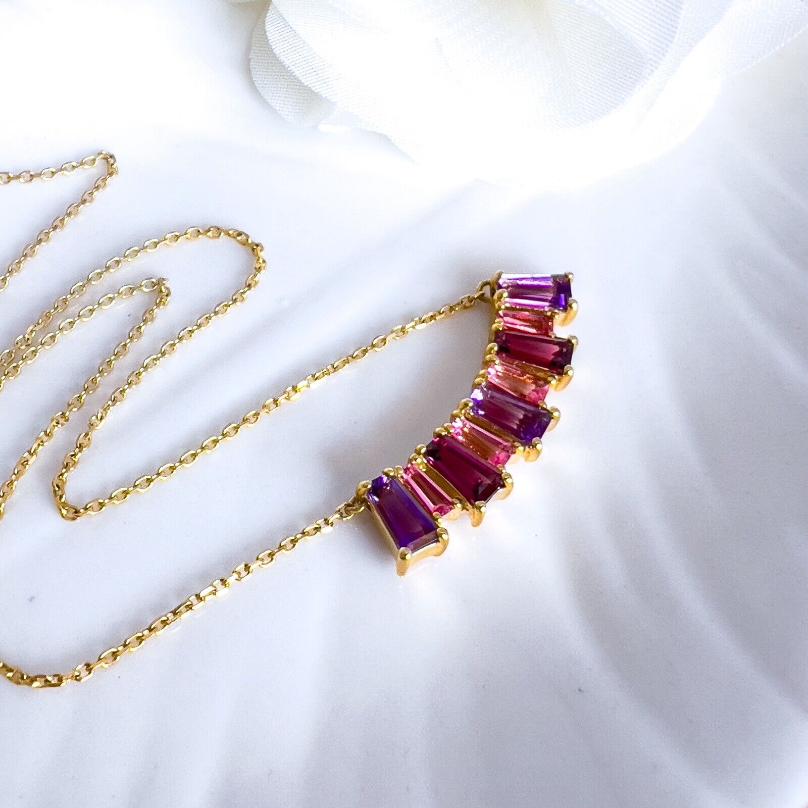 10k Yellow Gold Genuine Garnet & Amethyst Pendant Necklace, Adj. 16-18" New