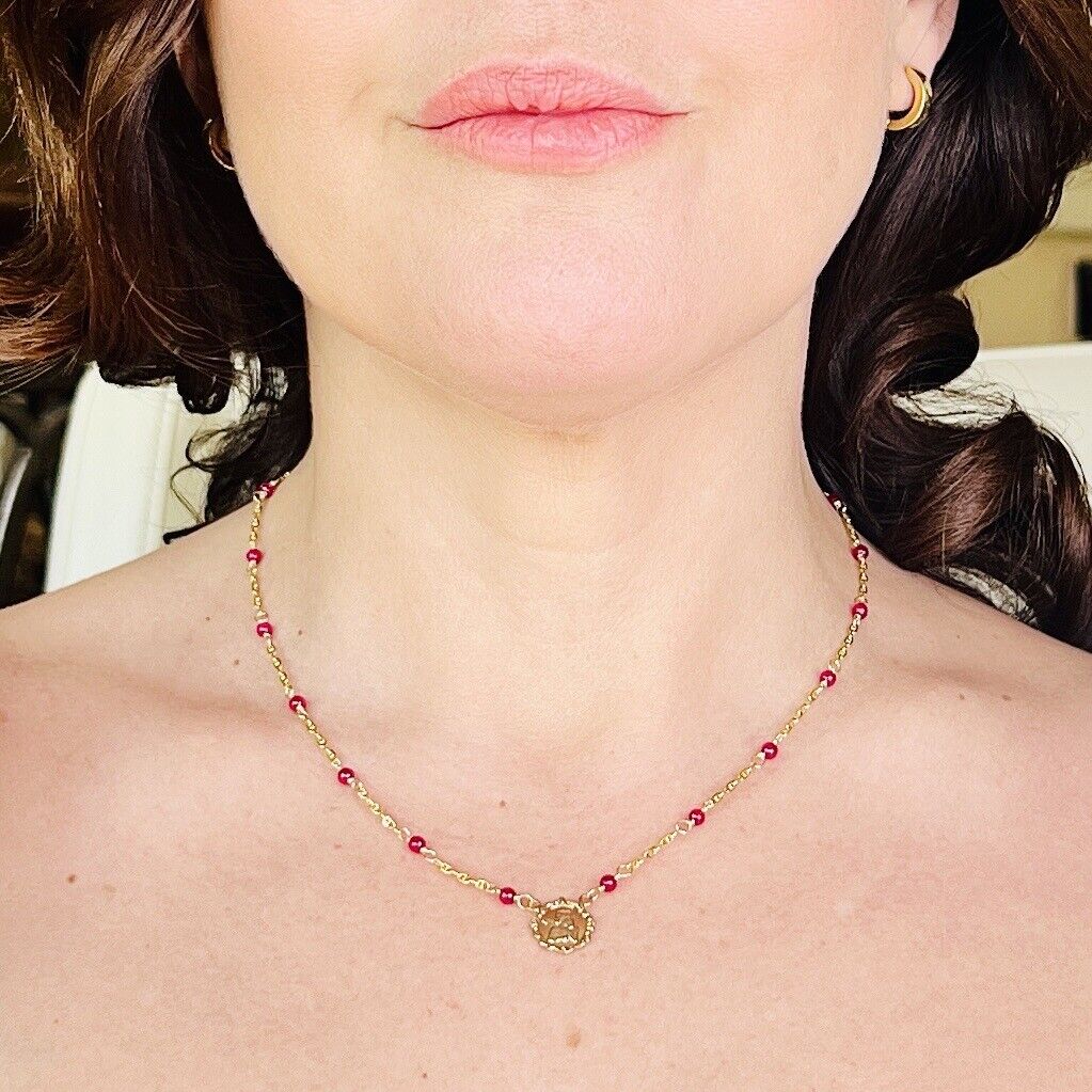 Solid 14k Yellow Gold and Lab Created Ruby (5.6ctw) Angel Necklace, New, 17.25"