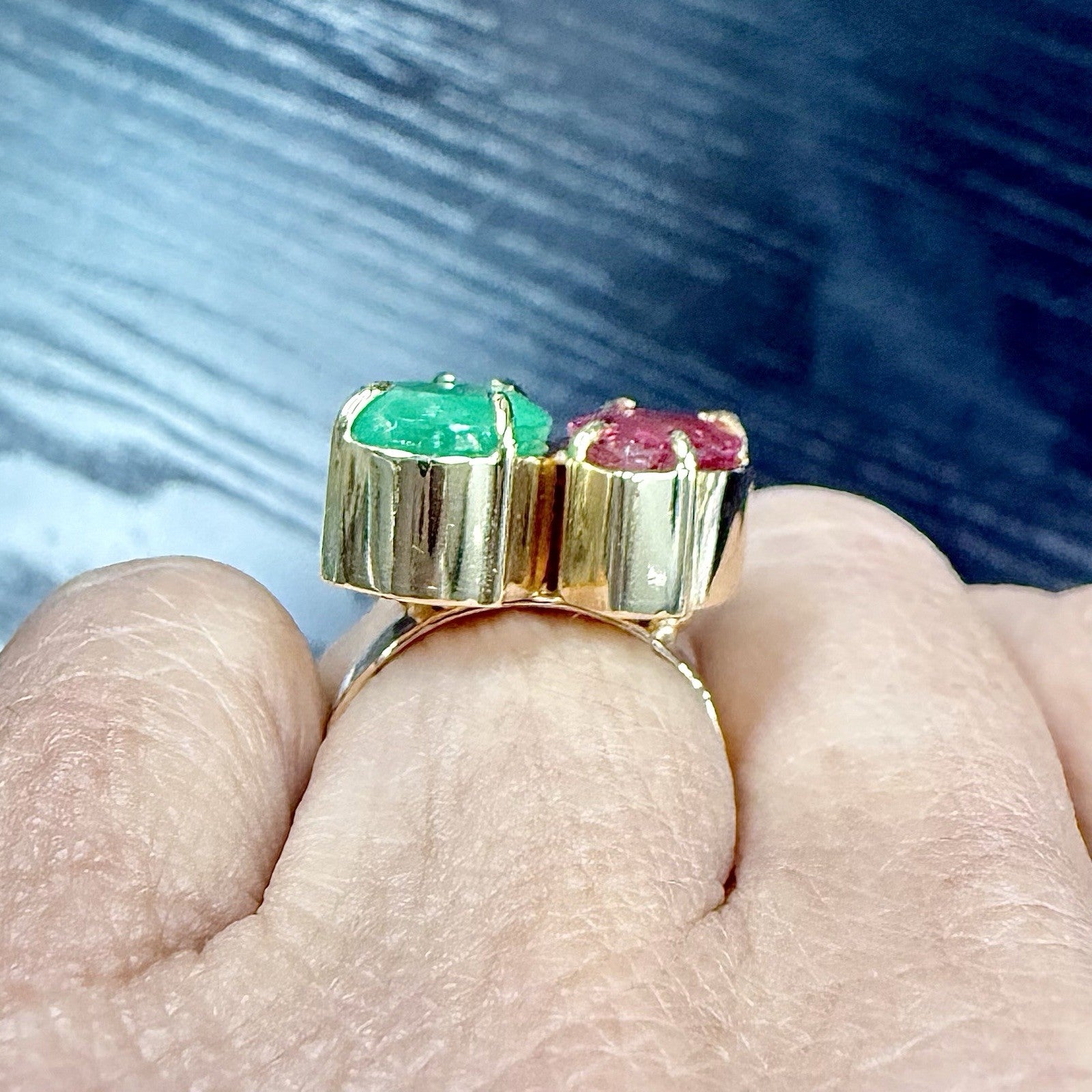 14k Yellow Gold Genuine Emerald & Pink Tourmaline Modernist Ring, New Size 6.5