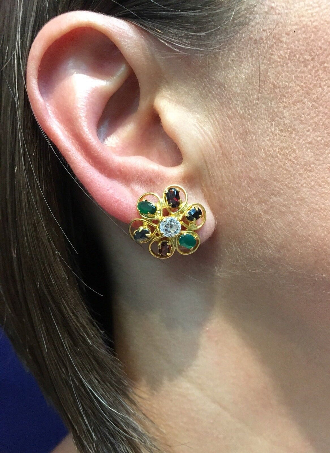 Genuine Multi-Gemstone Rosette Stud Earrings 18kt Yellow Gold Overlay, 3/4" New