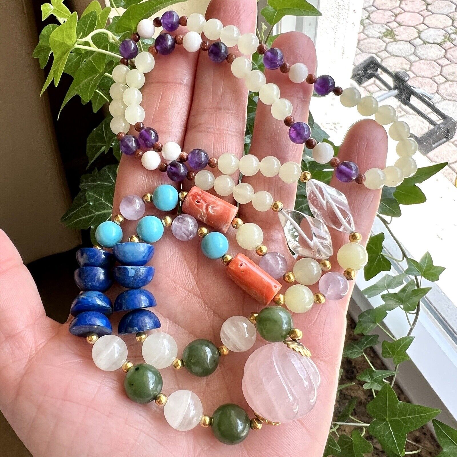 Natural Coral, Amethyst, Jade, Howlite, Serpentine & Quartz Beaded Necklace, New