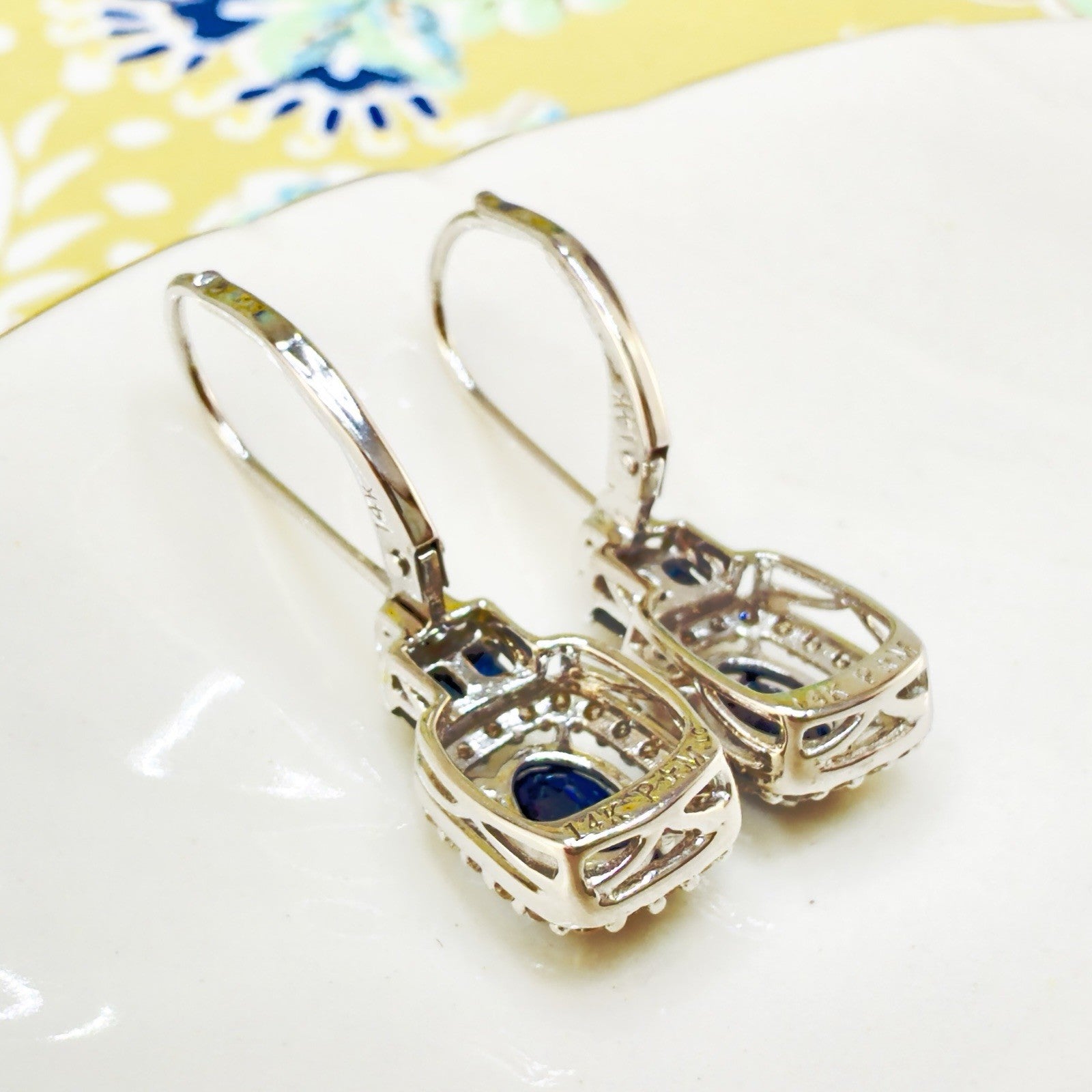 14k White Gold Genuine Sapphire & Diamond Leverback Dangle/Drop Earrings, New 1"