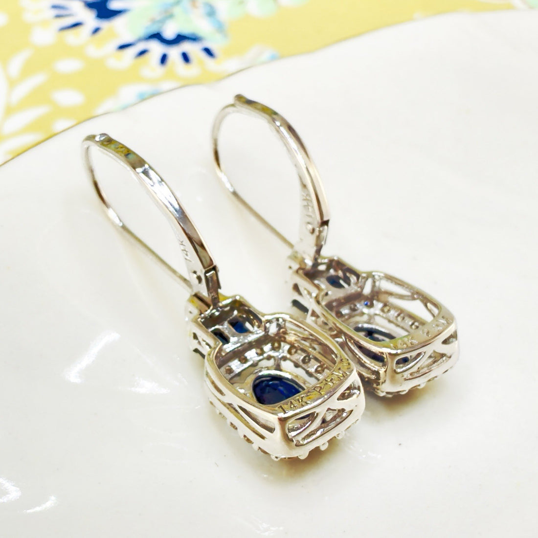 14k White Gold Genuine Sapphire & Diamond Leverback Dangle/Drop Earrings, New 1"