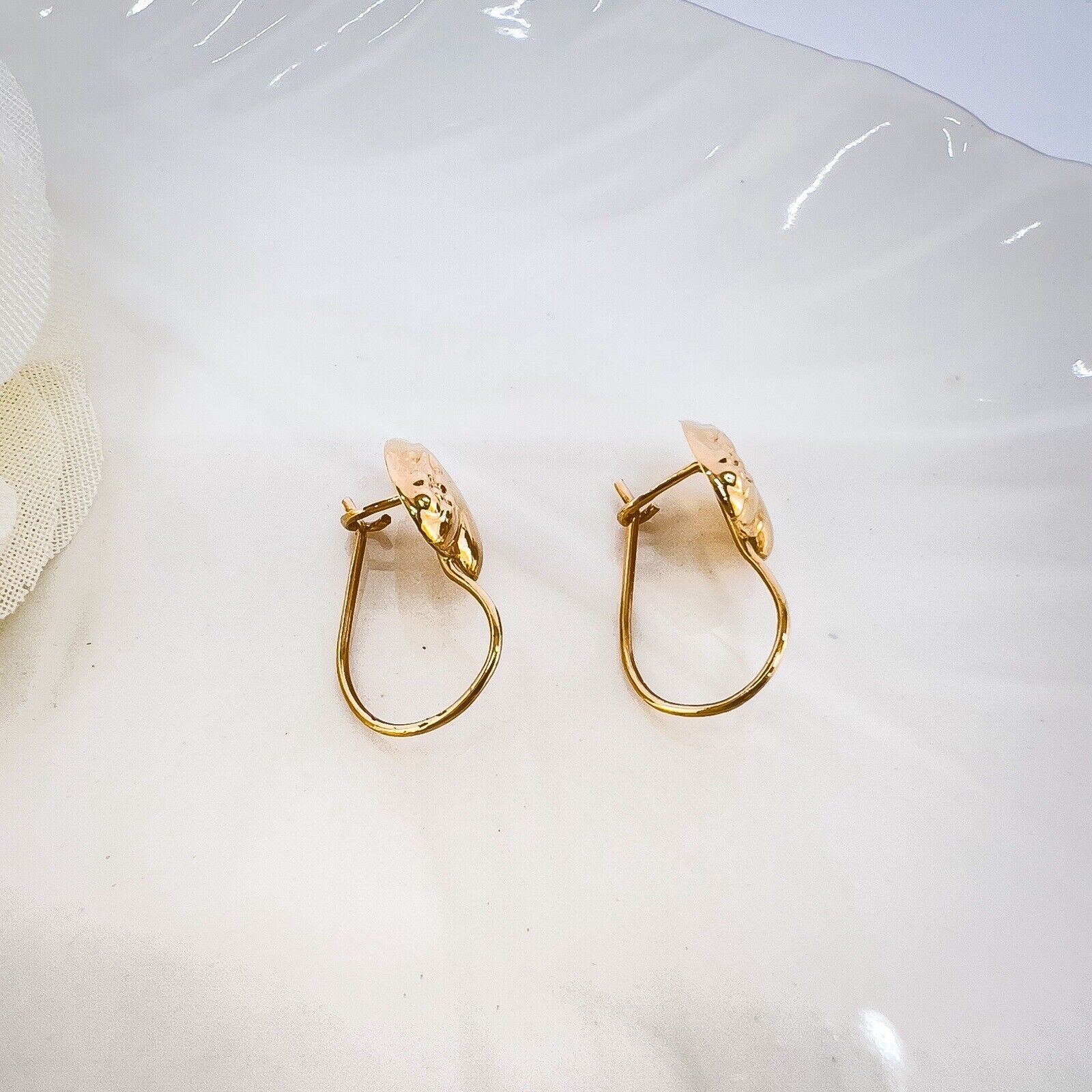 Antique 14k Rose Gold Repoussé Flower Heart Design Dangle Hook Earrings