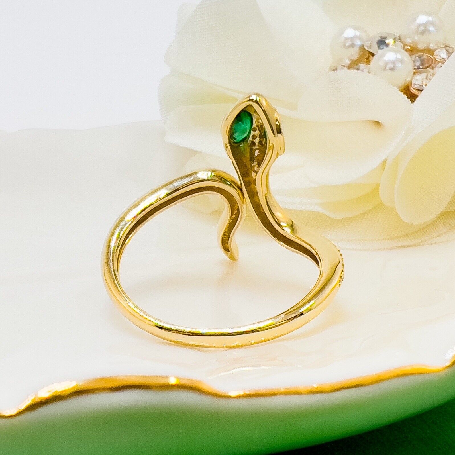 🐍Genuine Emerald & Diamond 14k Yellow Gold Snake Ring, New, Size7.5