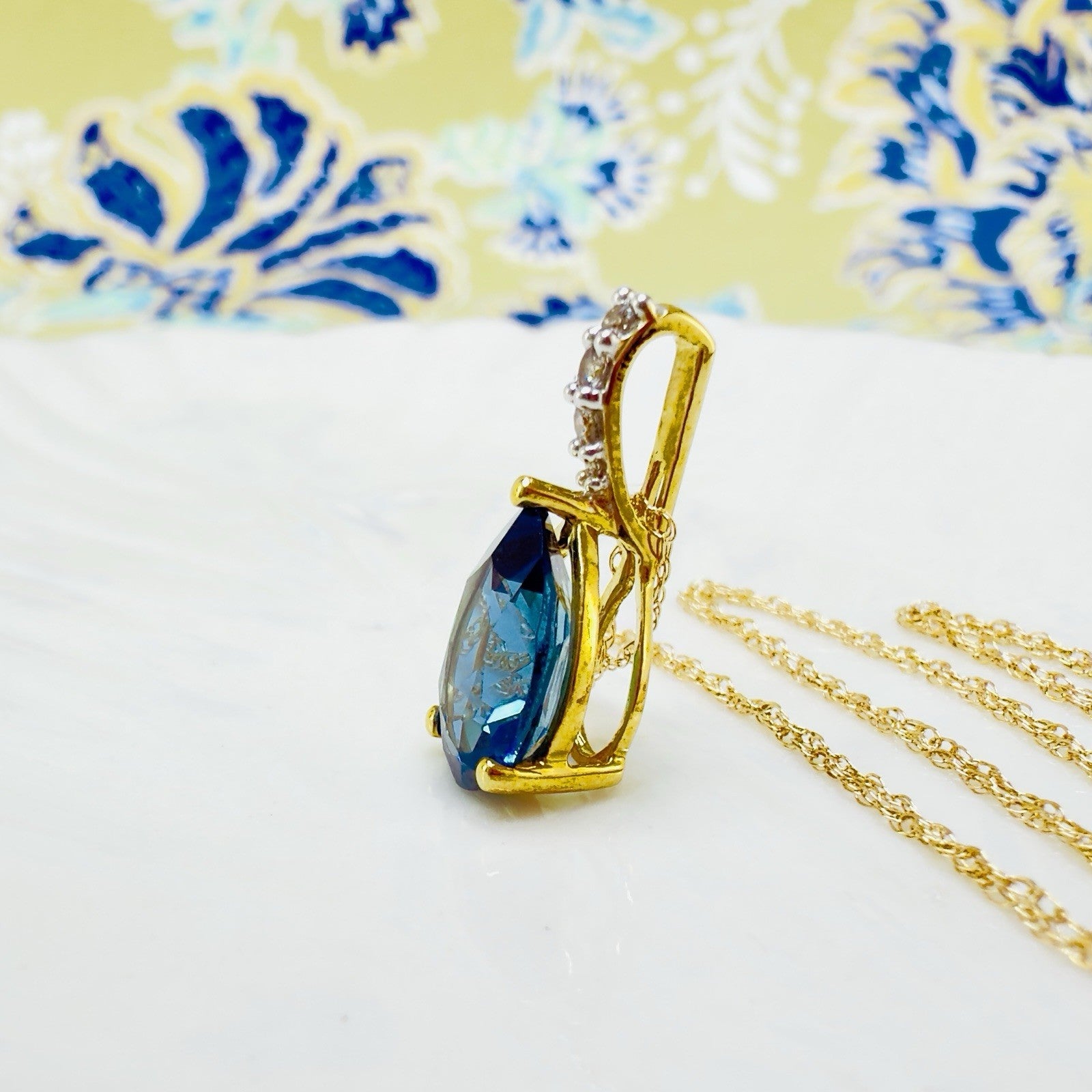 14k Yellow Gold Genuine London Blue Topaz & Diamond Pendant/Necklace, 18"