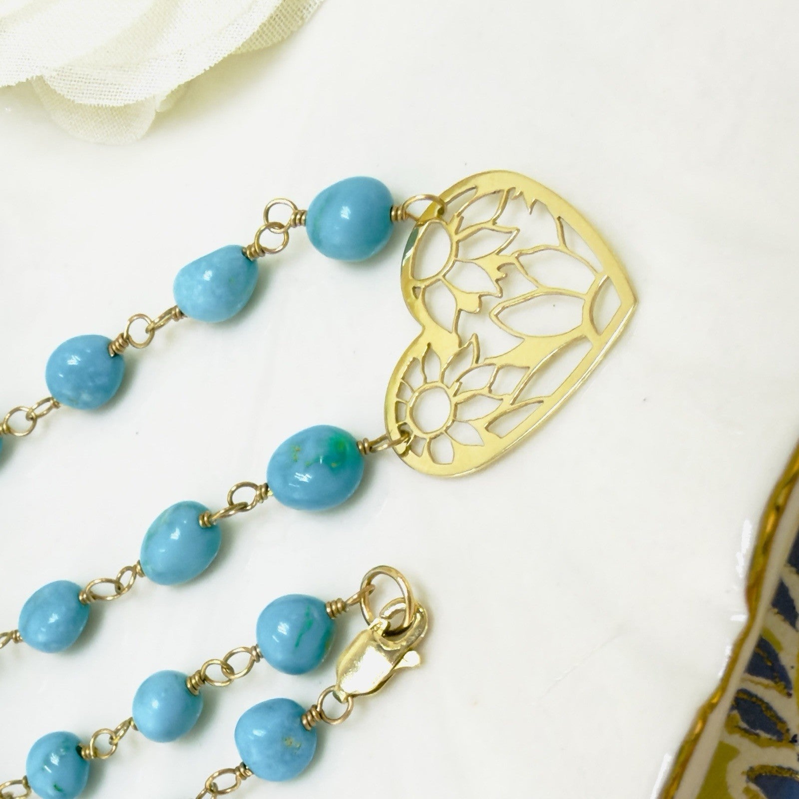 14k Sleeping Beauty Turquoise with Pierce-Work Heart Pendant Necklace, 18.25"