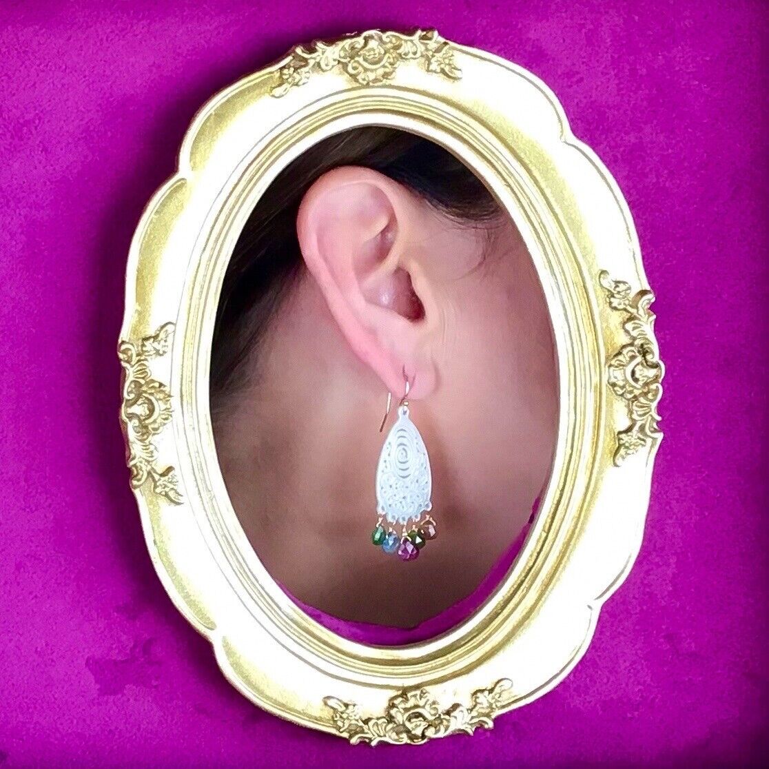 Solid 14k Yellow Gold Natural Tourmaline & Mother of Pearl Chandelier Earrings,