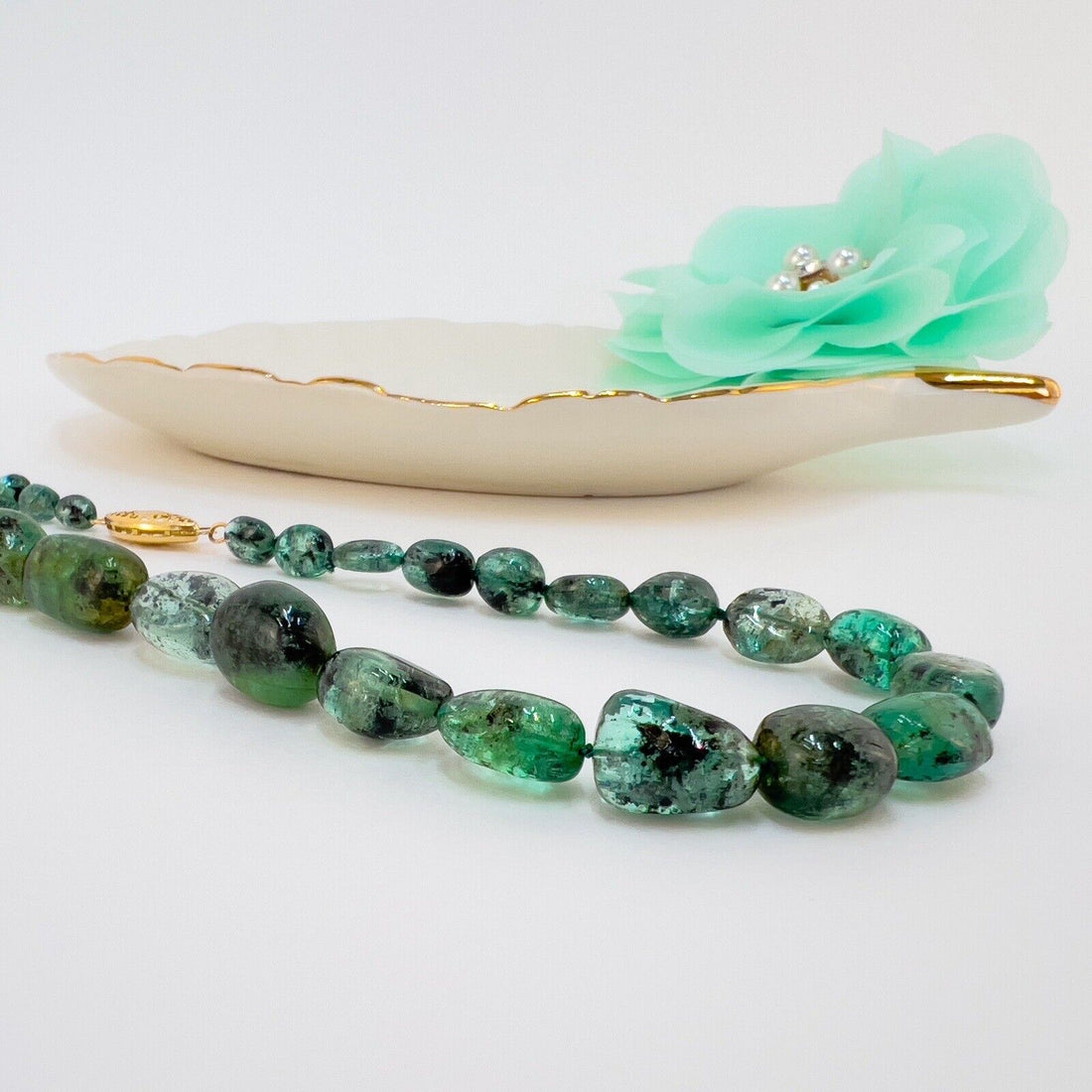 Genuine Emerald (170ct) 14k Yellow Gold Beaded Necklace, New 17.5"