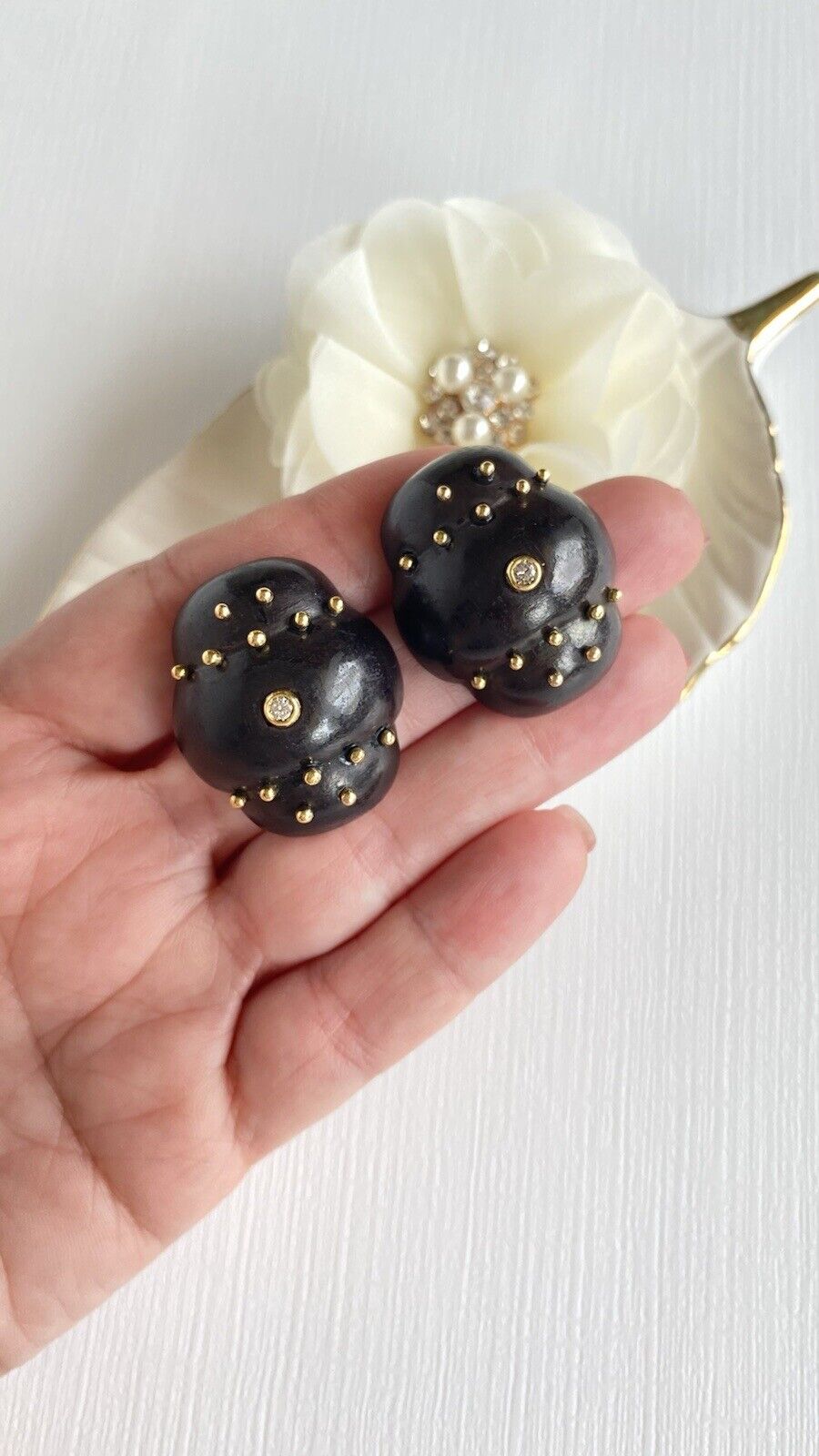 Unique 18K Yellow Gold Ebony and Diamond Stud Earrings