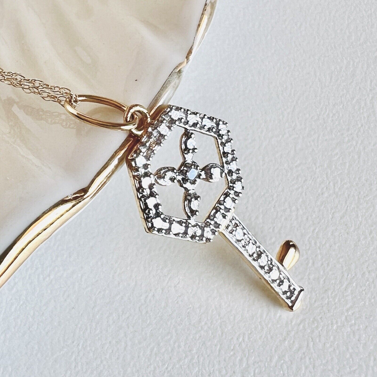 Solid 10k Yellow & White Gold & Diamond Hexagonal Skeleton Key Pendant Necklace,