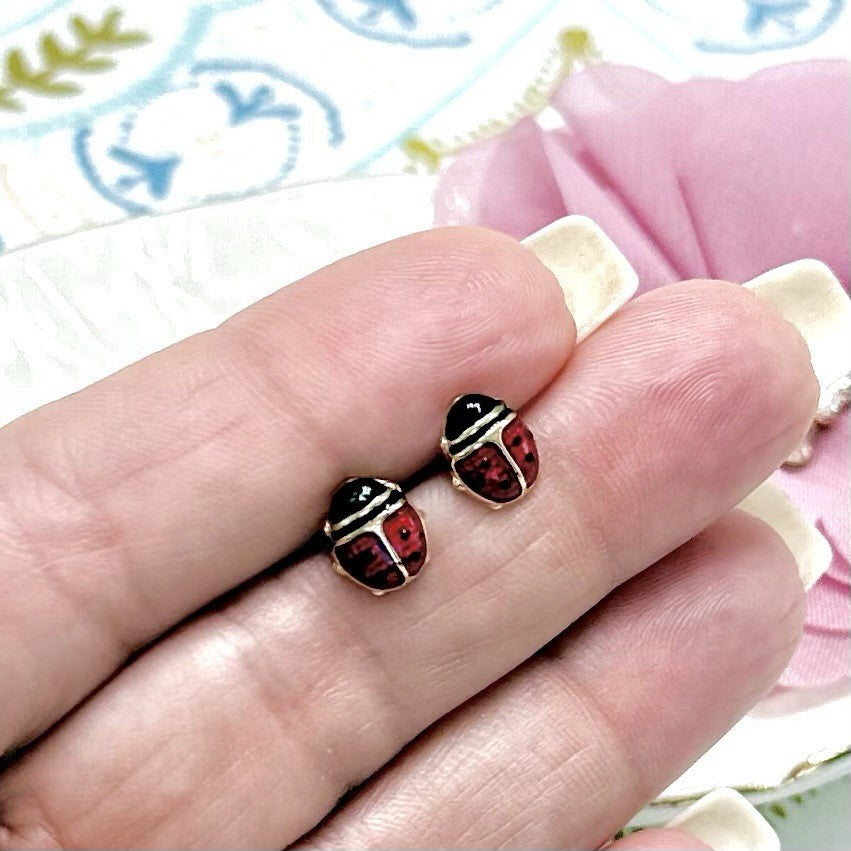 14k Yellow Gold Ladybug Enamel-Work Stud Earrings, New