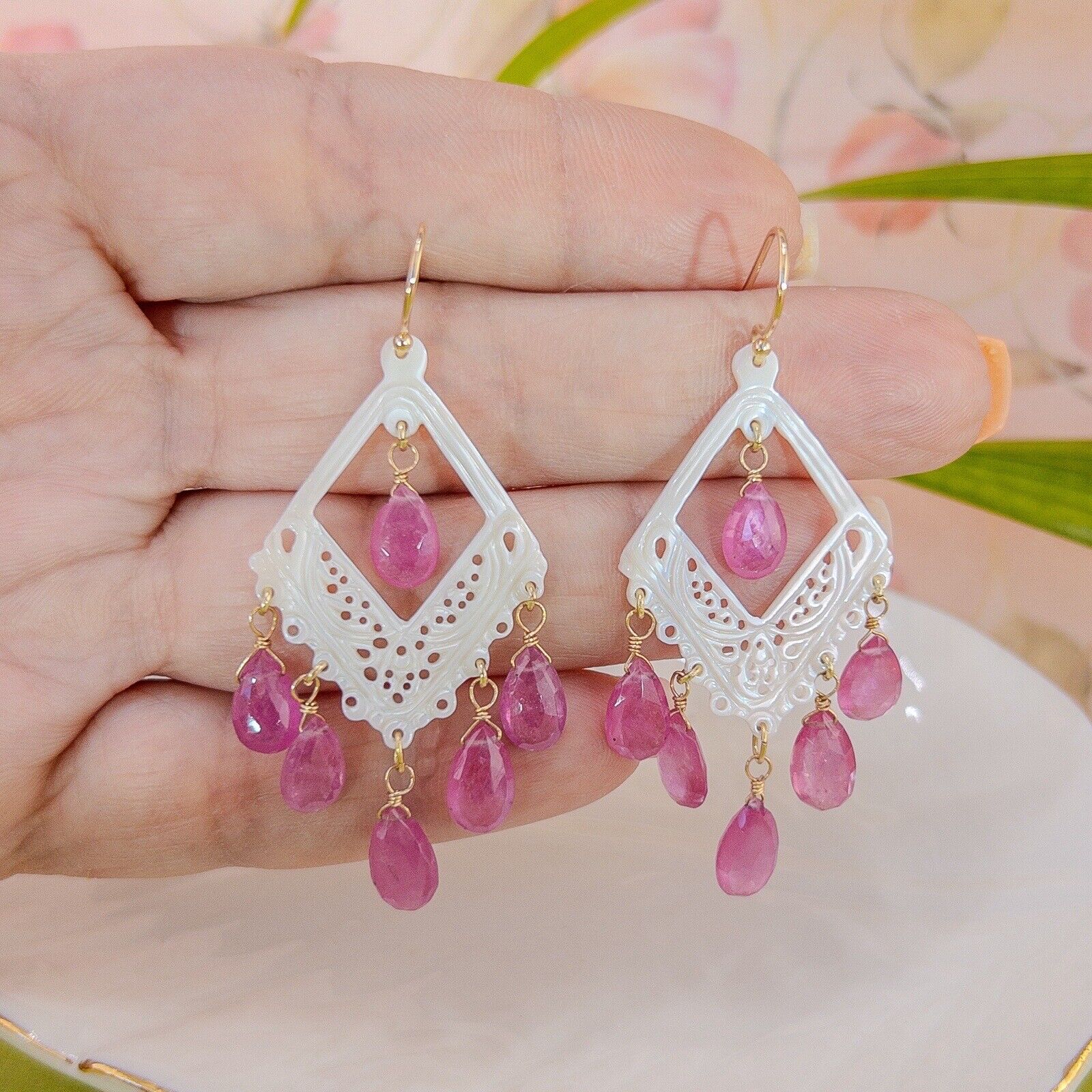 Solid 14k Yellow Gold Pink Sapphire & Mother of Pearl Chandelier Dangle Earrings