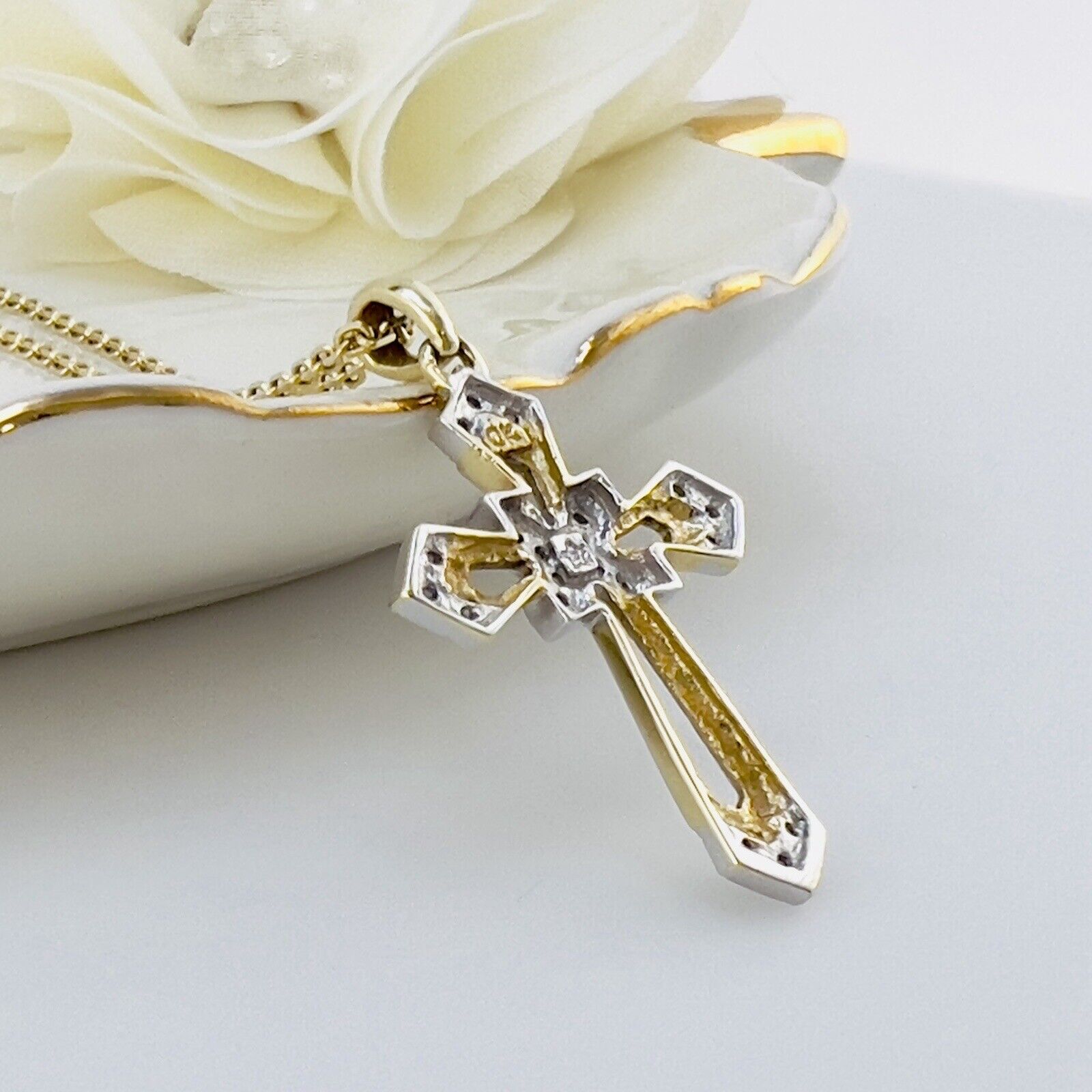 Solid 10K Yellow Gold Genuine Diamond Cross Pendant, New 1.3”