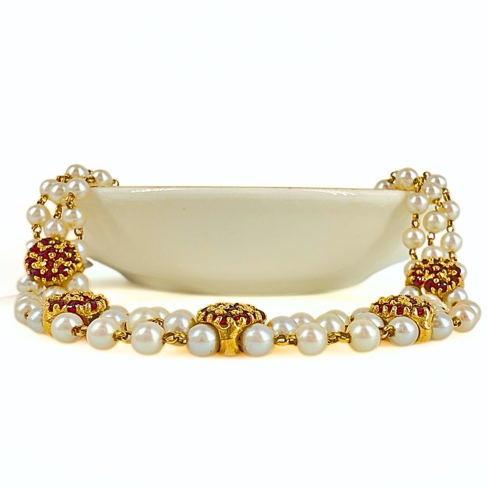 14k Gold Vintage Akoya Pearl 3-Row Bracelet & Garnet Slide Bracelet Charms