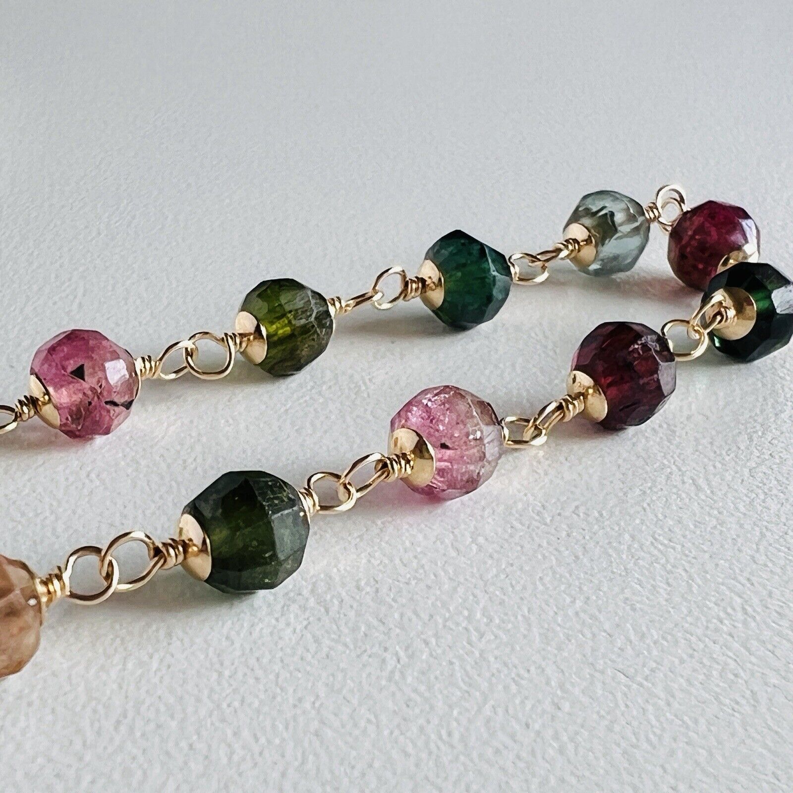 Solid 14k Yellow Gold Genuine Tourmaline Wire-Wrapped Beaded Bracelet, New 7.75”