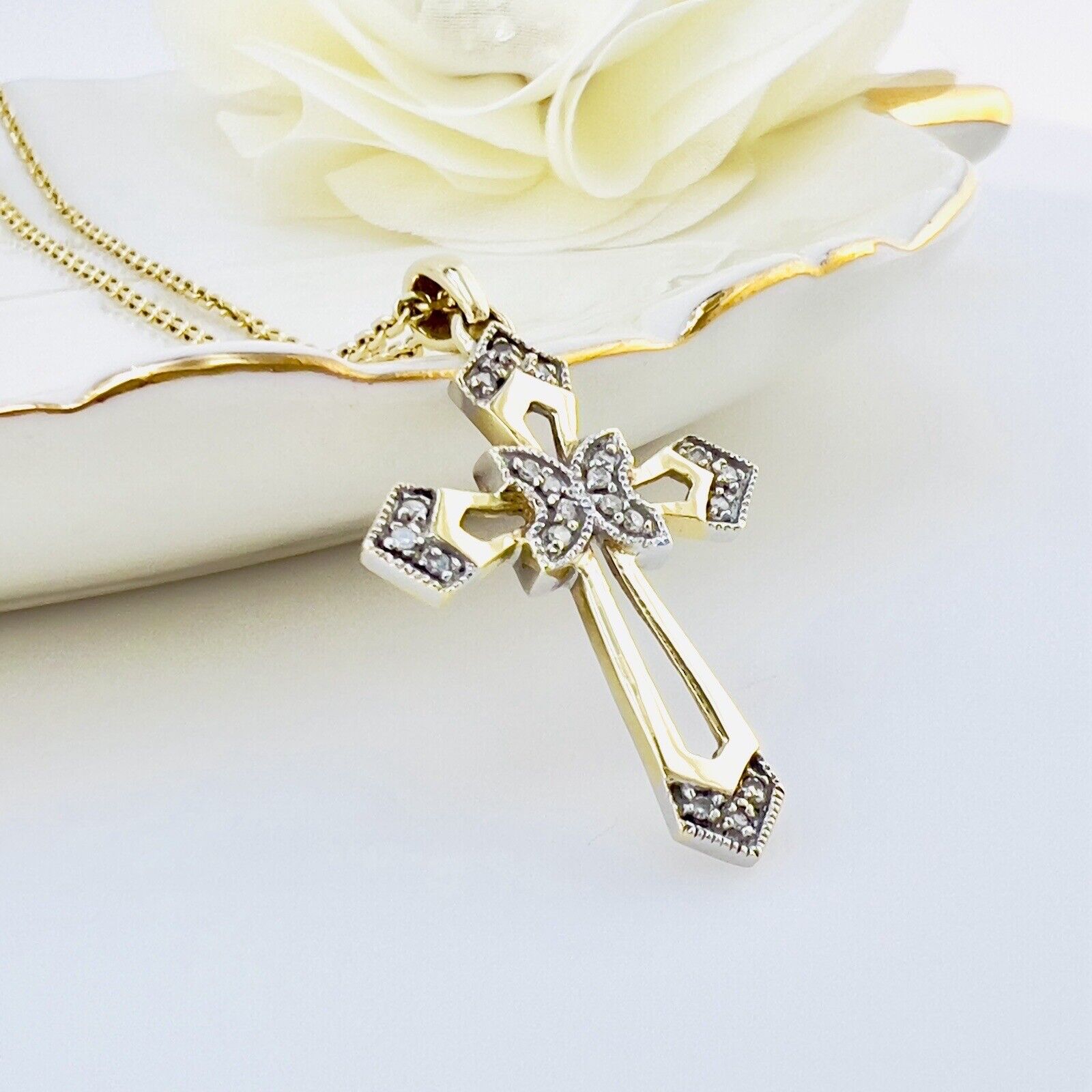 Solid 10K Yellow Gold Genuine Diamond Cross Pendant, New 1.3”